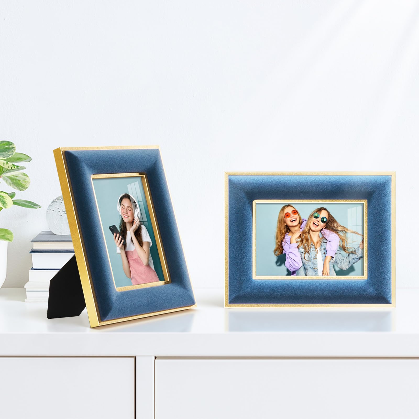 KSROECUD 3.5x5 Velvet Picture Frame, Navy Blue Photo Frames with Modern Simple Metallic Gold Border, HD Real Glass Horizontal &