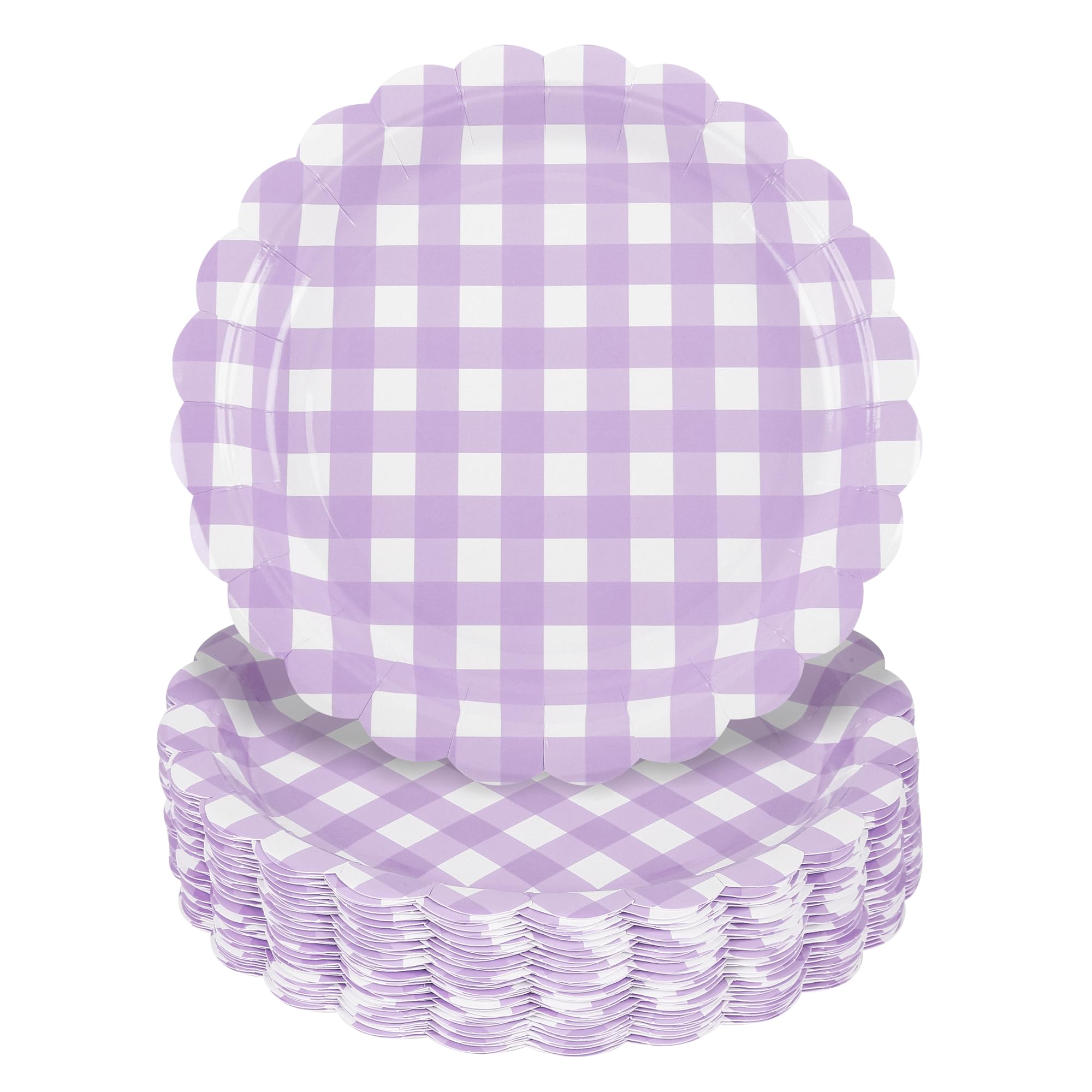Houuqe 48 Pcs Purple Scalloped Paper Plates - 7Inch Gingham Paper Plates Blue and White Checkered Party Plate Disposable Plaid D