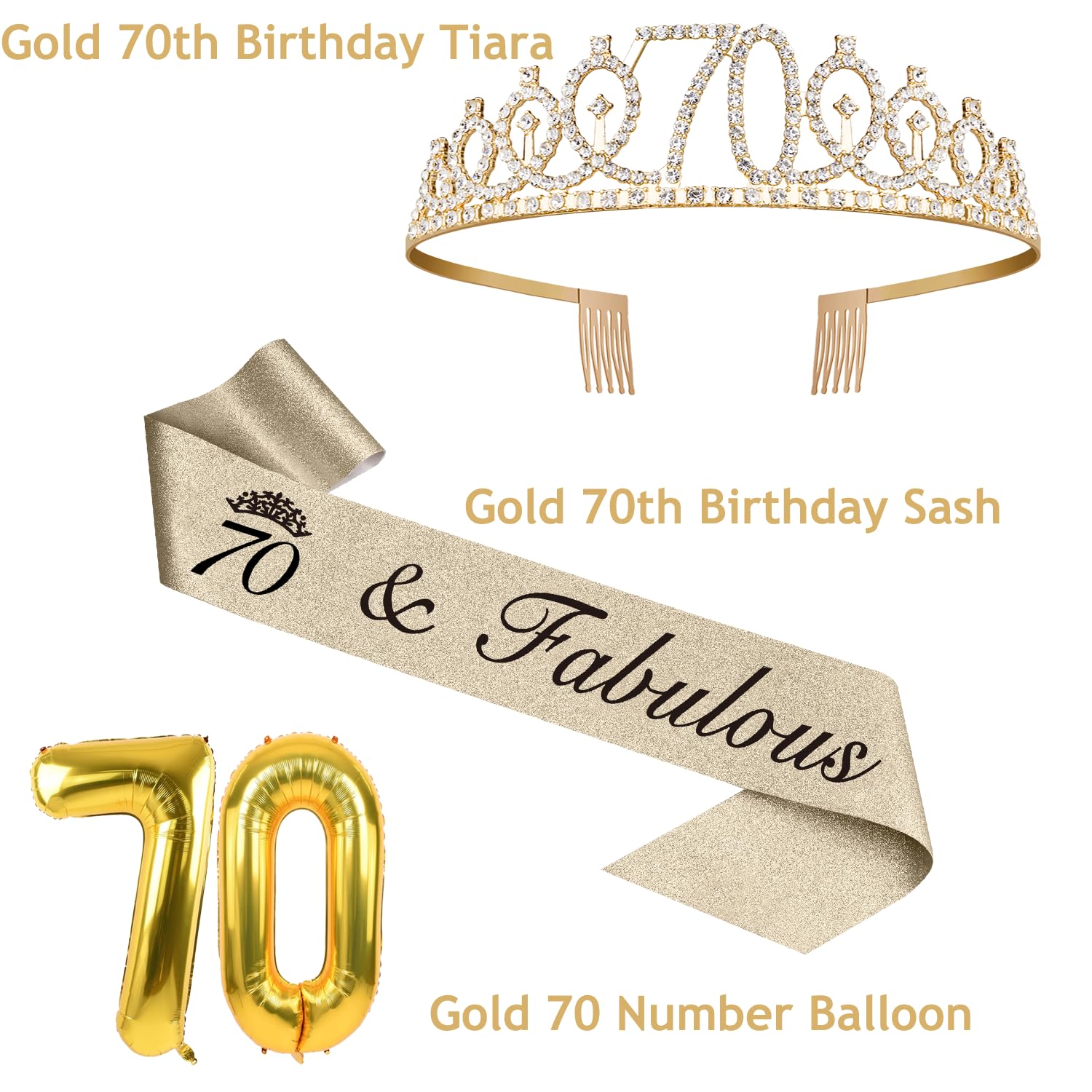 70Th Birthday Decorations For Women Gold With 70Th Birthday Sash And Tiara, 70Th Birthday Cake Topper And Birthday 70 Candles, B