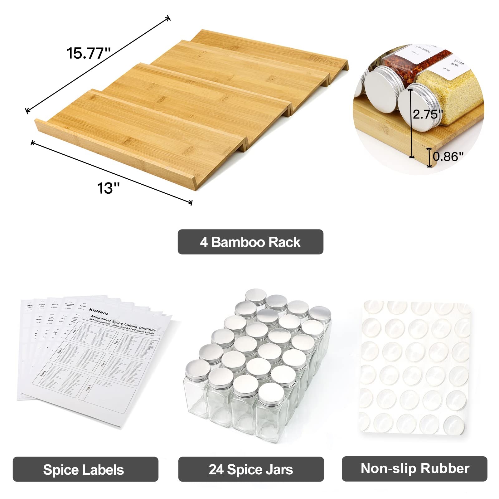 KitHero Spice Drawer Organizer with 24 Spice Jars and 216 Labels,Non-slip Rubber, Bamboo 4 Tier Spice Racks Tray Seasoning Conta