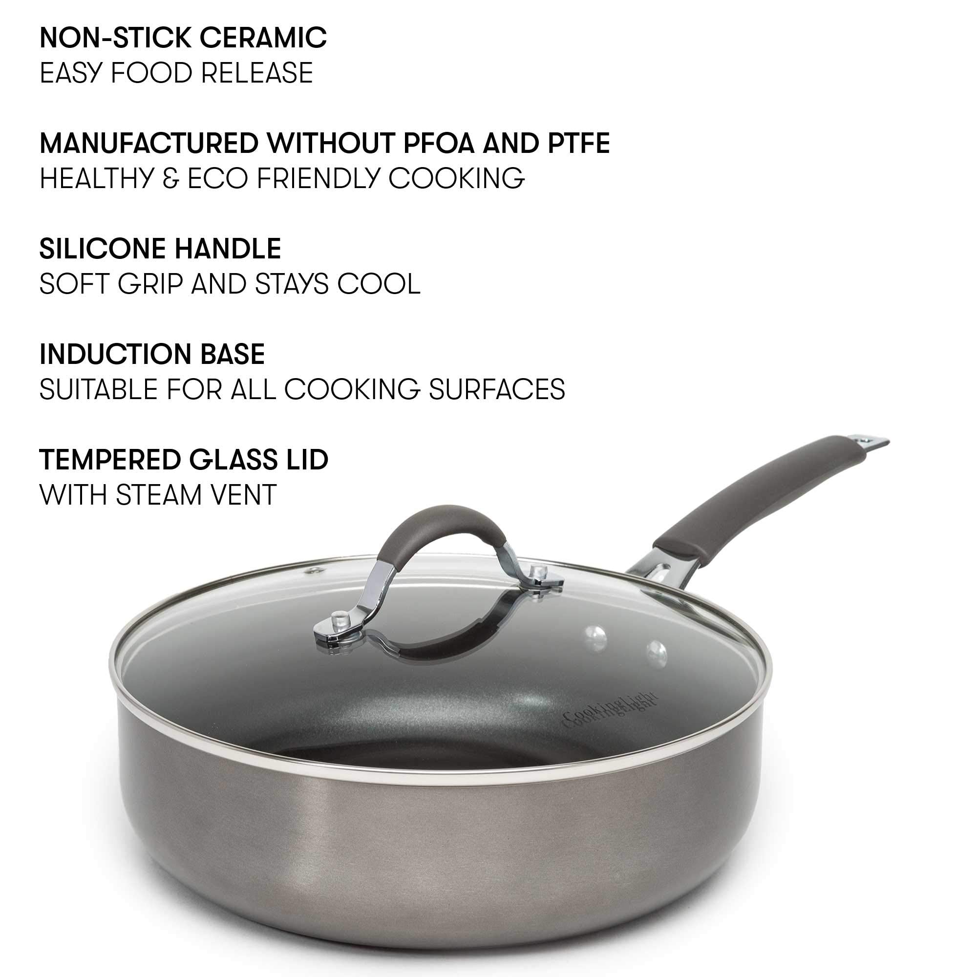 Cooking Light Allure Non-Stick Ceramic Cookware with Silicone Stay Cool Handle  4 Quart Deep Cooker  Charcoal