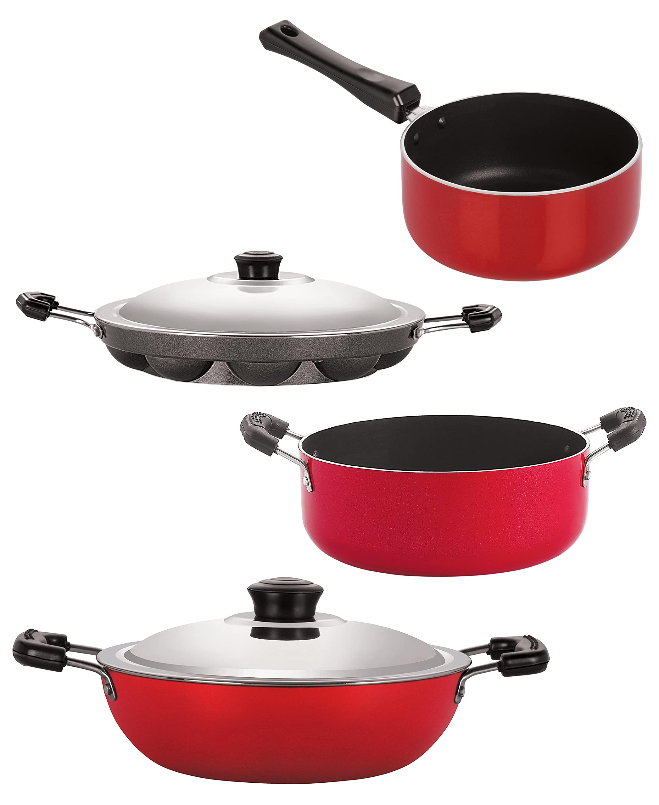 Nirlon NonStick Aluminium Cookware Set Of 4 Pieces Red Color (Dkd(M)_Sp(M)_Ap12_Cs24)