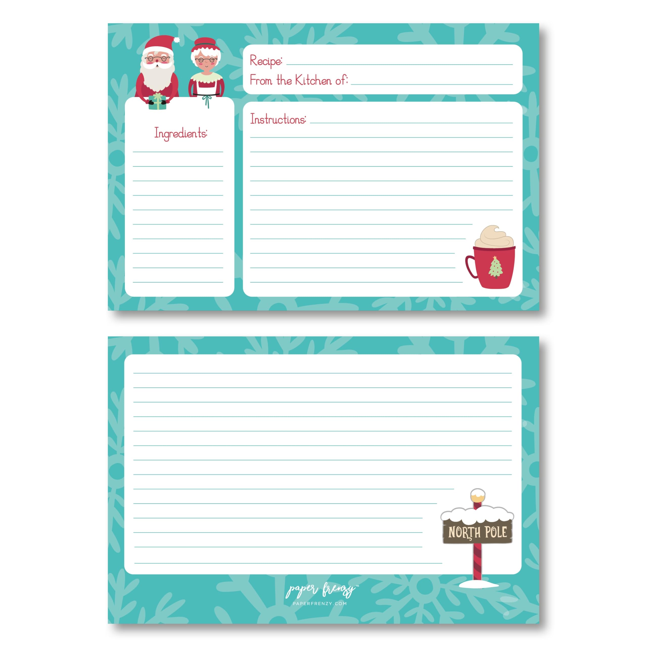 Paper Frenzy North Pole Santa And Mrs. Claus Christmas Holiday 4 X 6 Recipe Cards - 25 Pack
