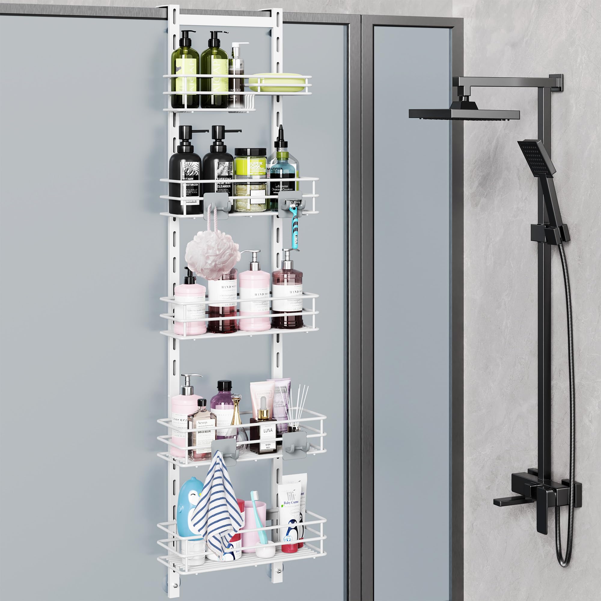 Orimade Over The Door Shower Caddy Adjustable 5 Tier Black,Bathroom Hanging Organizer Shelf Rustproof With 4 Hooks,Shower Basket