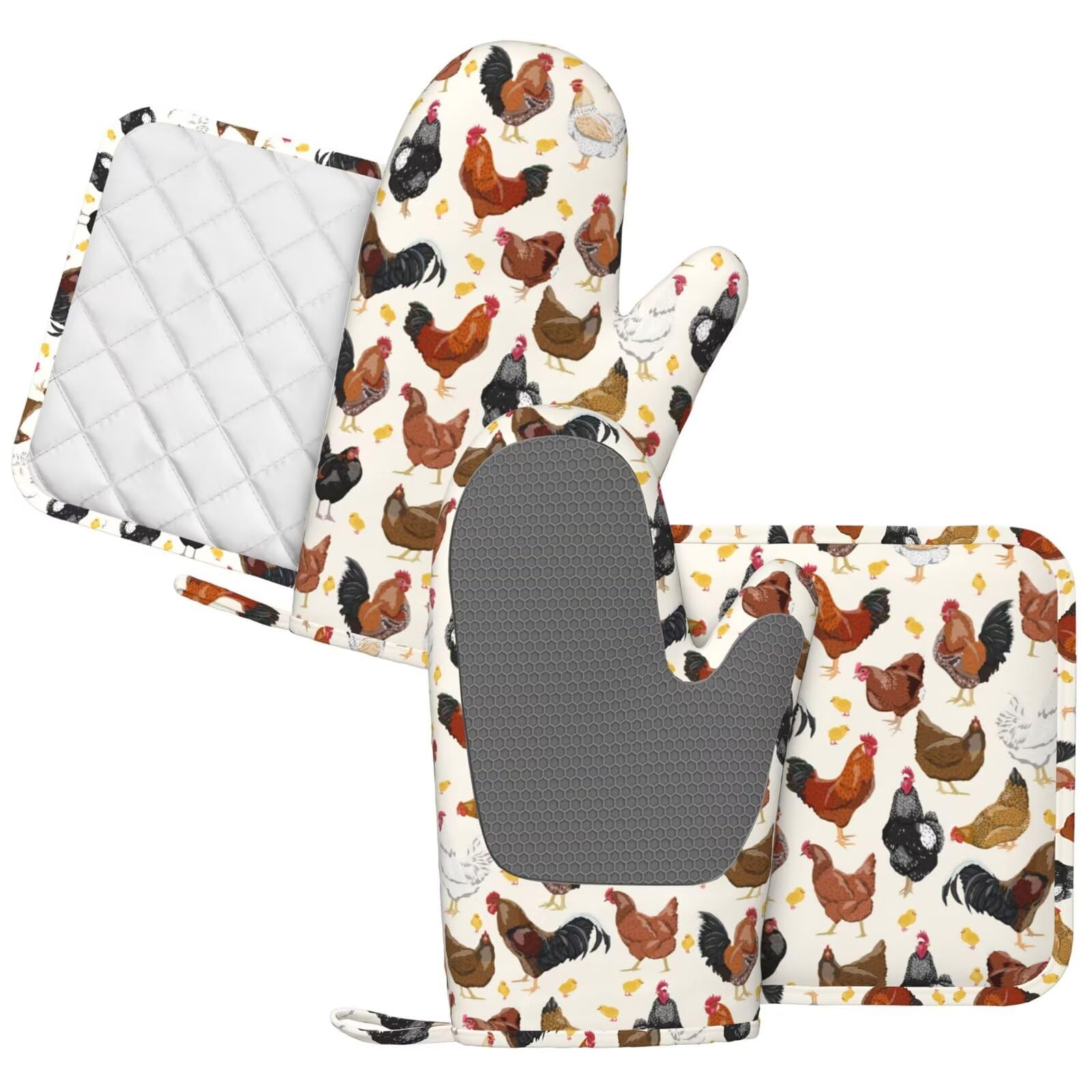 Mifsoiavv Rooster Hen Oven Mitts And Pot Holders Sets Silicone Rustic Domestic Animal Chicken Kitchen Mitts Potholders Heat Resi
