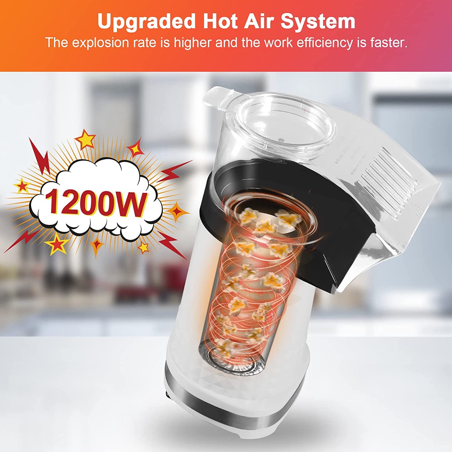 Kodaqo Popcorn Maker, Hot Air Popper 1200W With Etl Certified, Bpa Free, No Oil, Diy Flavors, 98% Super High Explosion Rate Mach