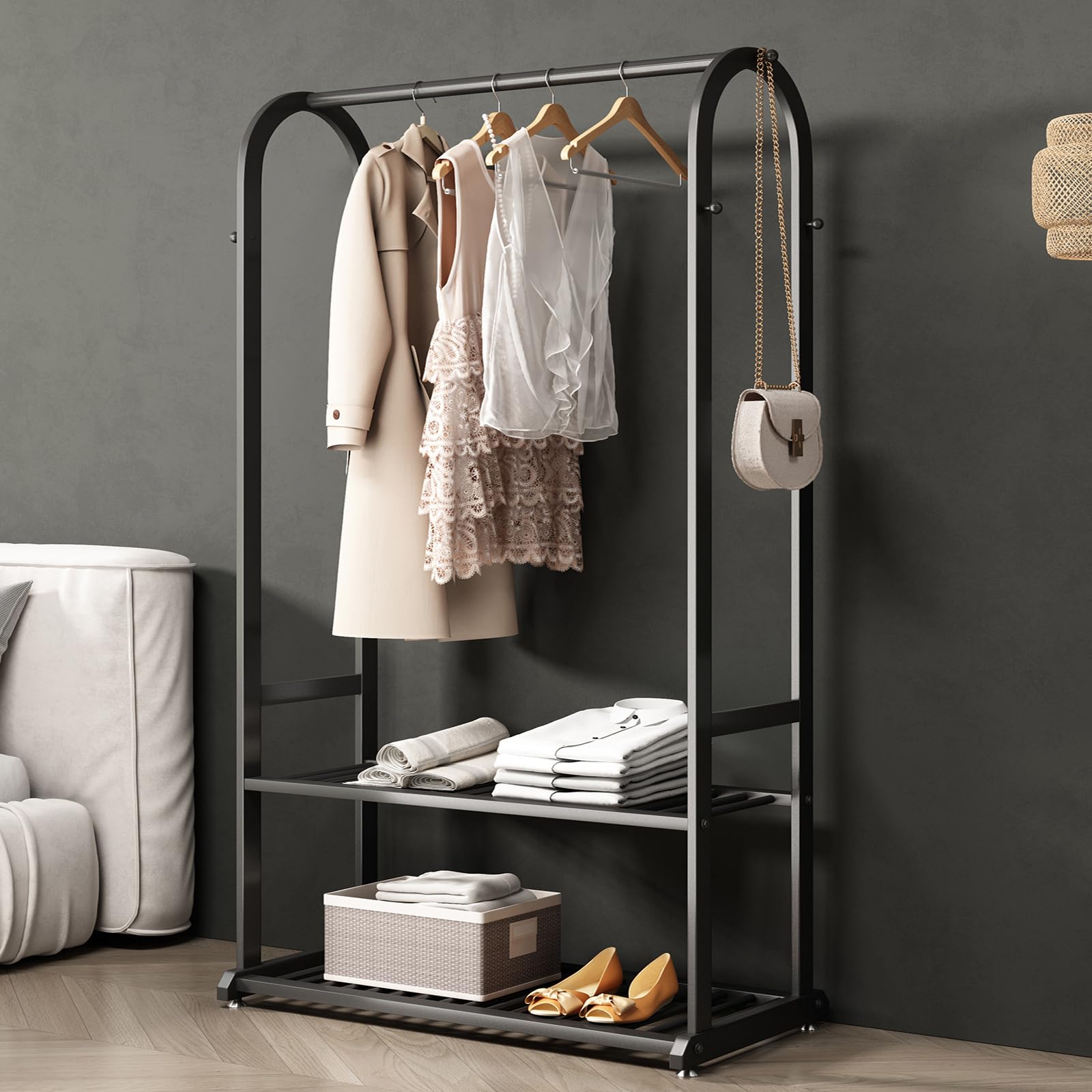 Buzuey Heavy Duty Clothes Rack,Clothing Rack For Hanging Clothes,Black Garment Rack With Bottom Shelves,Rack For Clothes To Hang