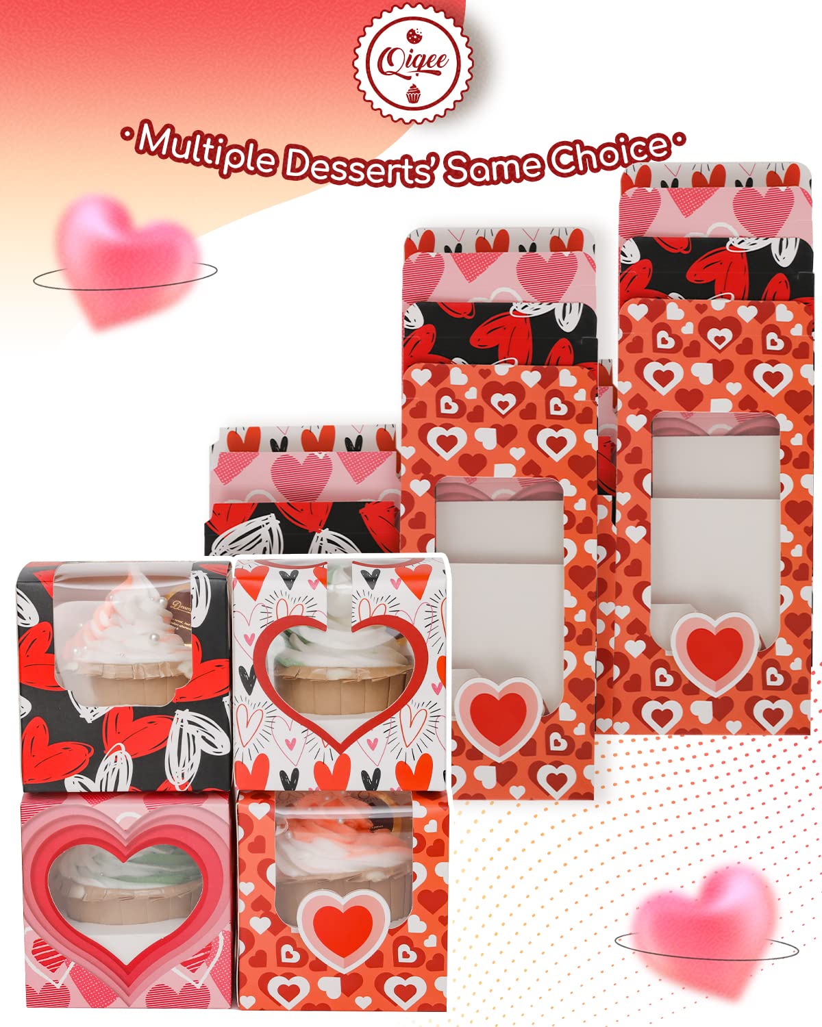 Qiqee Valentine Cupcake Boxes Individual 60Pcs Auto-Popup 3.5'' X 3.5'' X 3.5'' Single Cupcake Carrier Container For Vanlentine