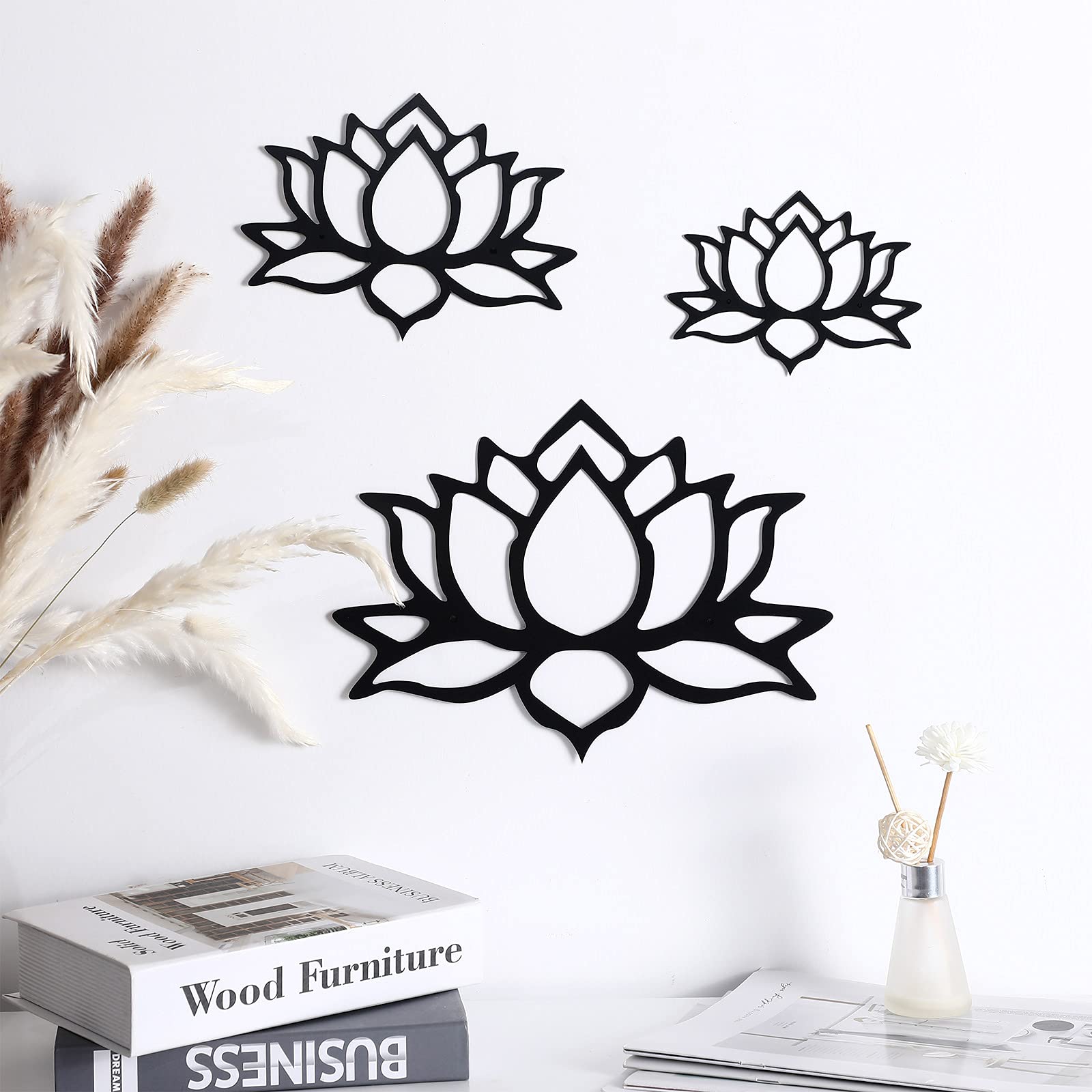 Ferraycle 3 Pieces Metal Lotus Flower Wall Decor Metal Zen Lotus Flower Wall Art Inhale Hollow out Signs Hanging Silhouette Exha