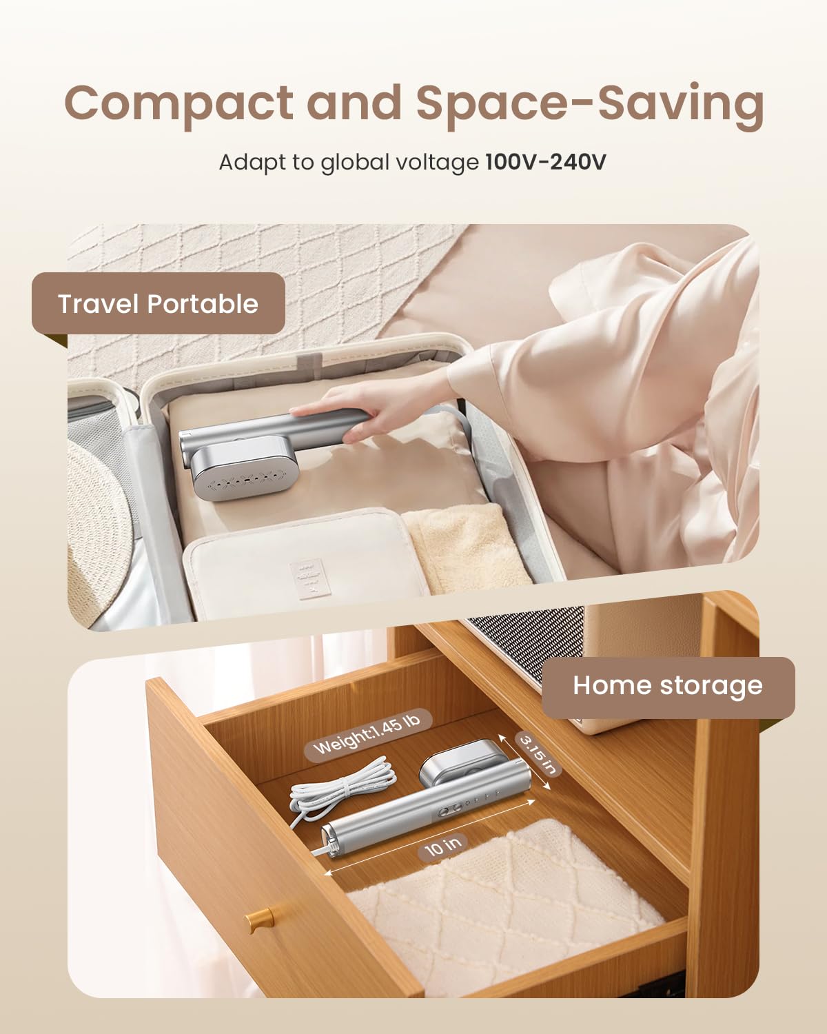 Travel Steamer For Clothes,100-240V Portable Garment Steamer, Steamer&Iron 2 In 1,30S Fast Heat-Up,120Ml Water Tank,Large Cerami