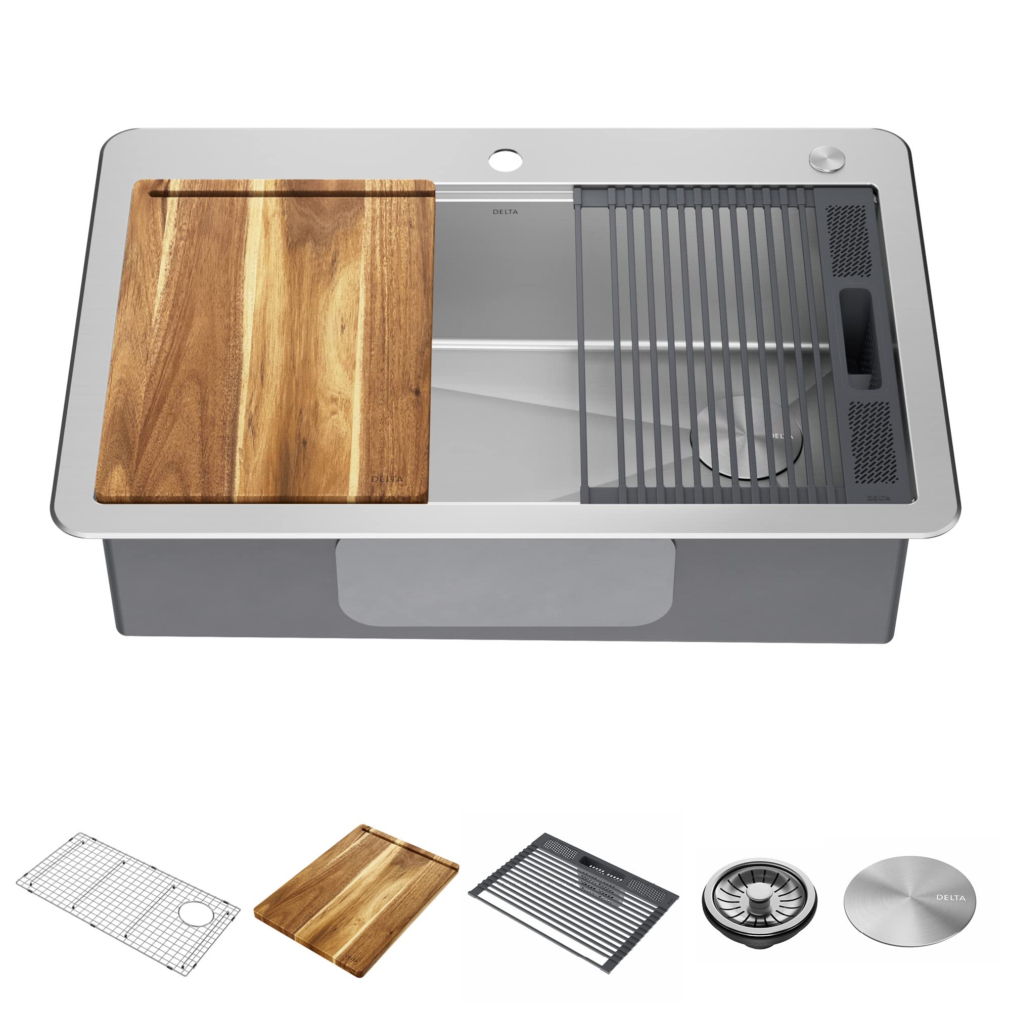 DELTA FAUCET 95A932-33S-SS Lorelai Workstation Kitchen Sink Drop-in Top Mount Stainless Steel Single Bowl with WorkFlow Ledge an