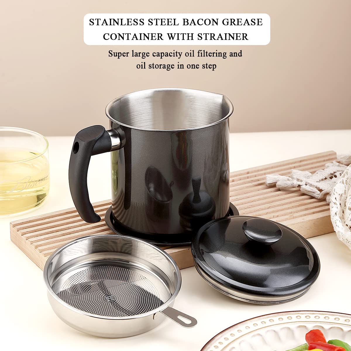 Kyraton Black Bacon Grease Container With Strainer  48 oz Black Coating Stainless Steel Oil Container  Pot Fat Storage With Lid  Easy Grip Handle Suitable For Storing Frying Oil And Cooking Grease