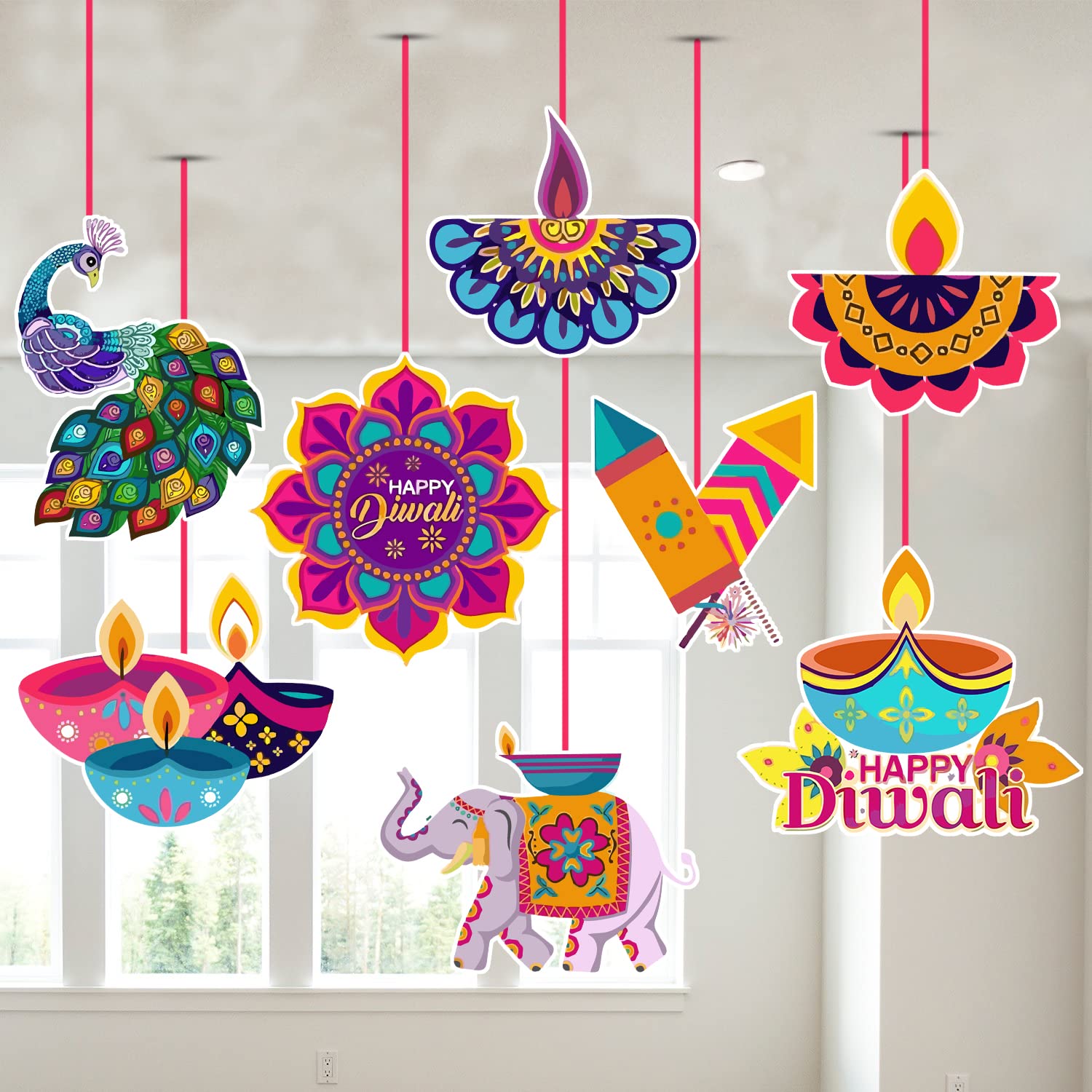 Zyozique Diwali Decorations Kit Happy Diwali Paper Banner Deepavali Hanging Swirls Festival of Lights Party Supplies Indian Them