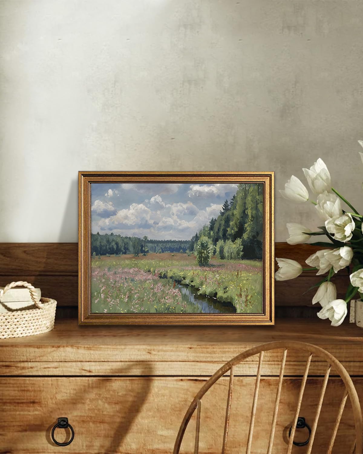 Kbkbart Gold Framed Vintage Wall Art Prints, Retro Muted Green Forest Nature Wilderness Illustrations Canvas Painting, Farmhouse