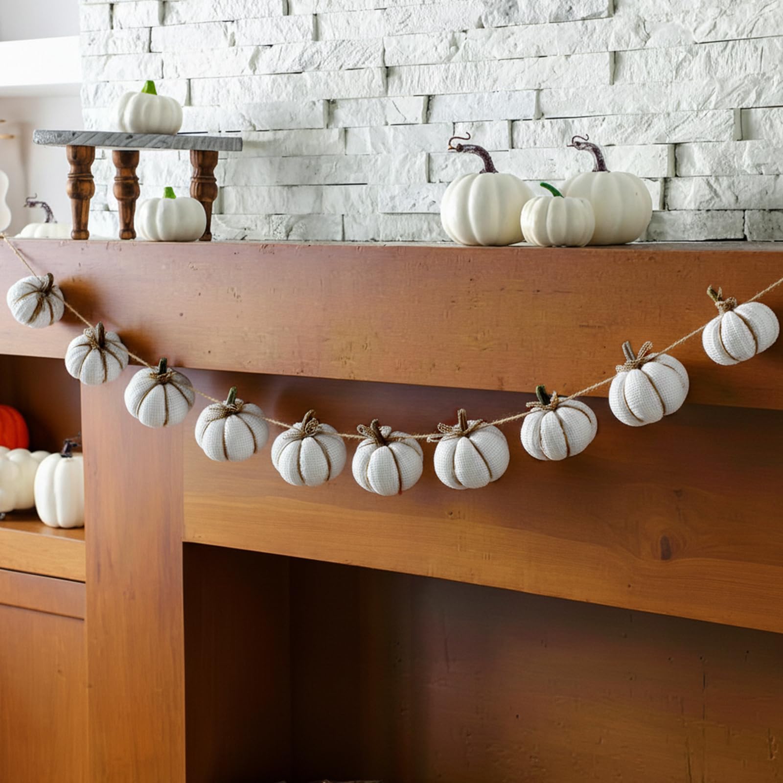 Mindsoft 8.2 ft Fall White Knit Pumpkin Garland Decor Halloween Faux Fall Harvest Crochet Pumpkins Banner Pre Assembled Hanging 