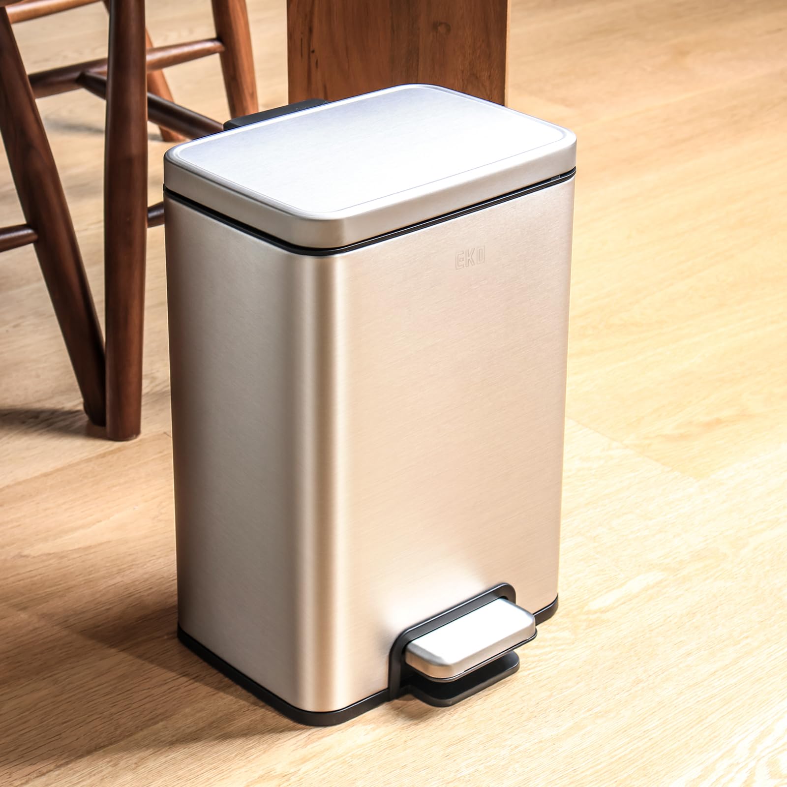 Eko Madison 12L / 3.2 Gal Bathroom Trash Can With Lid And Removable Inner Basket, Rectangular Small Step Trash Can, Brushed Stai