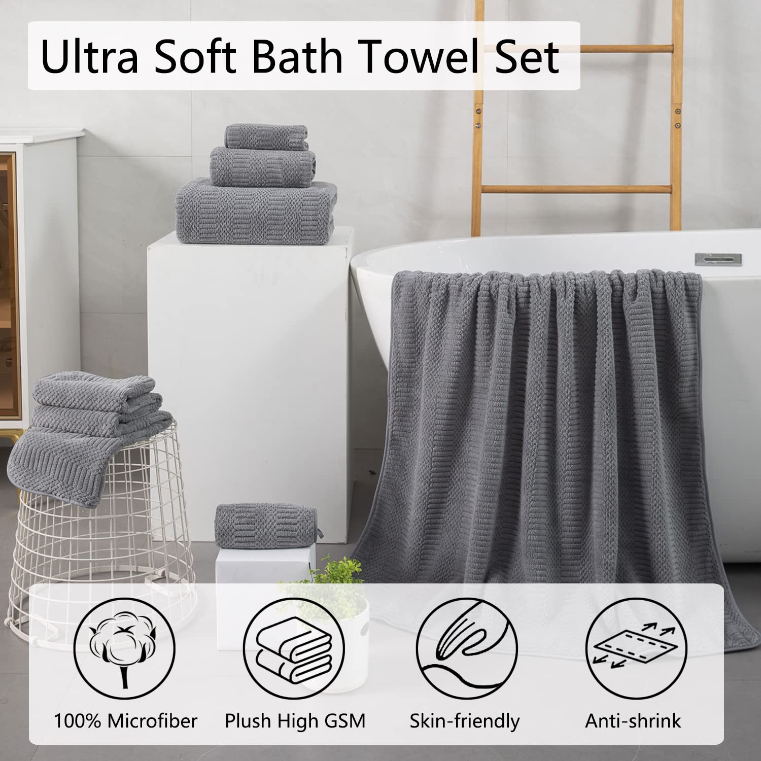 4 Piece Large Bath Towel Set 35''x70'' Gray Extra Large Bath Sheets Oversized Jumbo Towels 600GSM Soft Highly Absorbent Quick Dry Beach Chair Towels Woven Towels for Bathroom Hotel and Spa