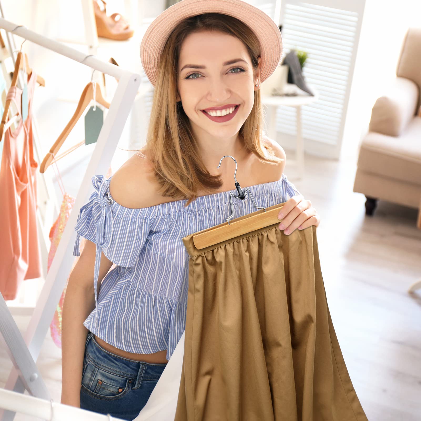 House Day Wooden Pants Hangers 20 Pack Non Slip Skirt Hangers, Smooth Finish Solid Wood Jeans/Slack Hanger With 360 Swivel Hook