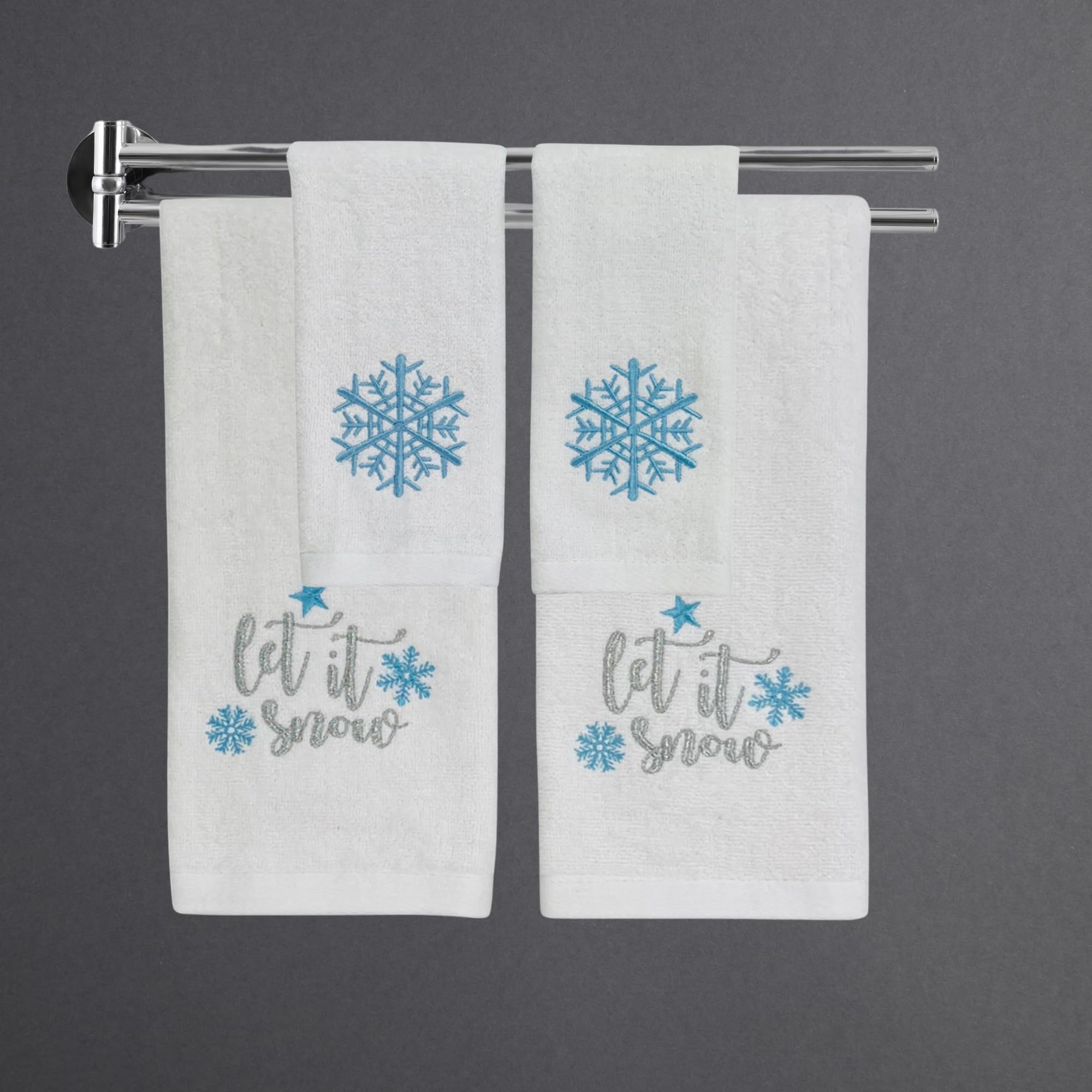 Serafina Home Christmas Guest Hand Towels: Beige Plush Terry Cotton Embroidered Blue Snowflake On White