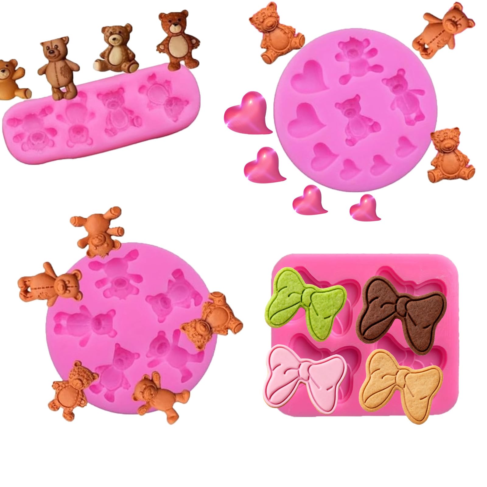 4Piece Silicone Bear and Bow Mold Set for Fondant, Chocolate, Candy Crafting  DIY Cookie, Dessert Decoration, Holiday Baking T