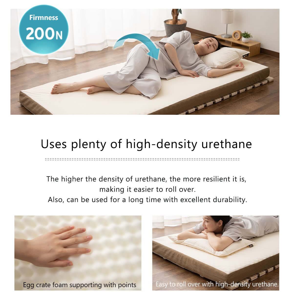 Emoor Roll-Type Floor Futon Mattress Relax Twin, Egg Crate Foam Pressure-Distribution Removable & Washable Cover Guest Use Japan