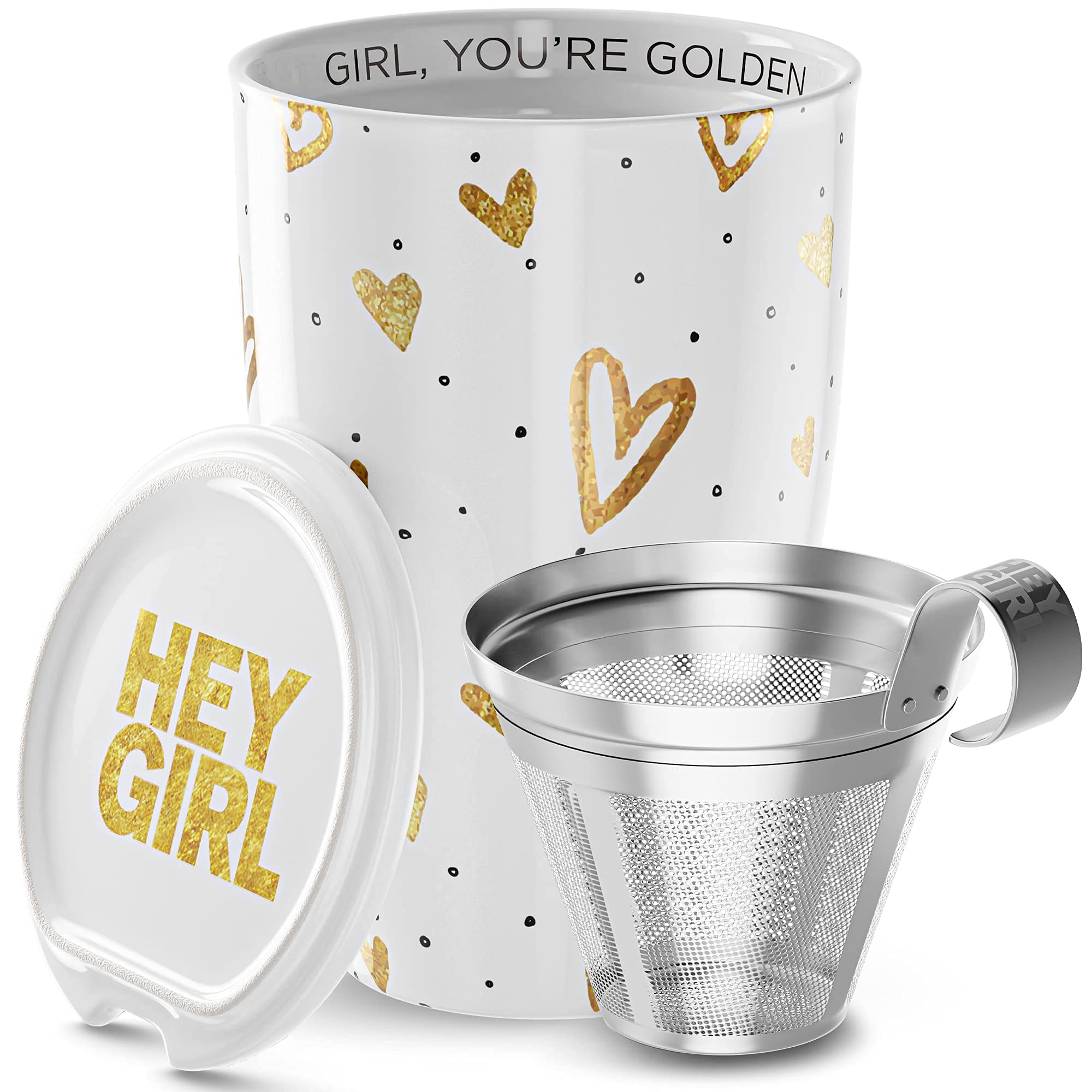 Hey Girl Tea Cup with Infuser and Lid - Double-Walled Insulation & Ceramic Outer Tea Infuser Mug - Fine-Mesh Strainer Basket - G