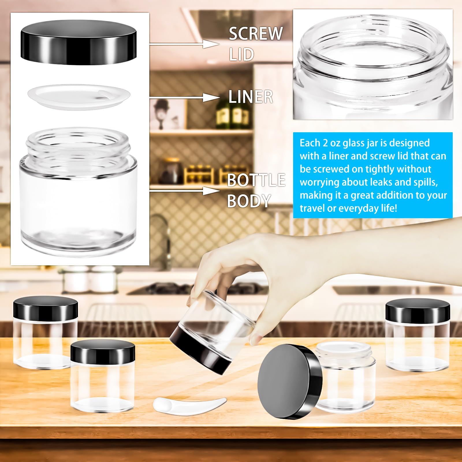 Motbach 4 Pack 2 Oz Glass Jars With Lids 60Ml Mini Round Clear Glass Jars With Inner Liners And Spatulas, Travel Size Containers
