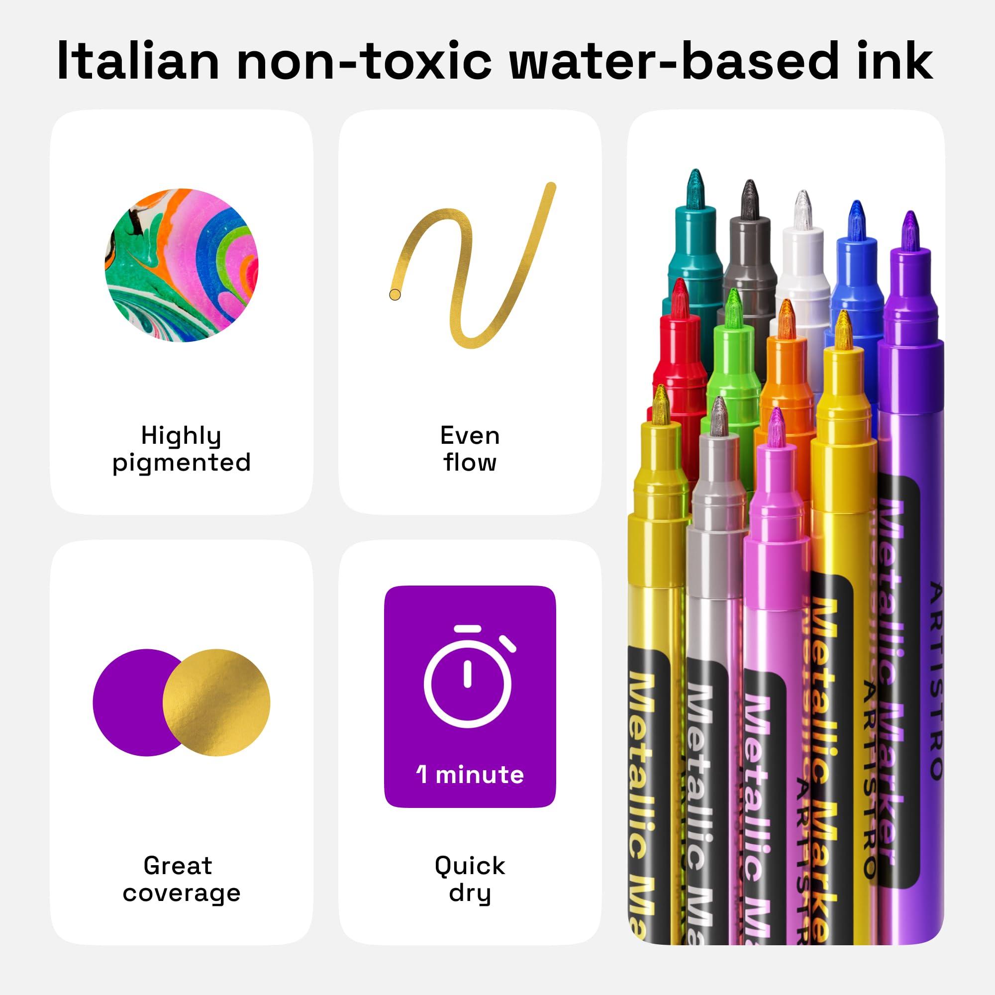 ARTISTRO 12 Metallic Paint Pens for Glass Marking, Rock Painting, Ceramic, Wood, Fabric, Scrapbooking, DIY Craft Making, Colorin
