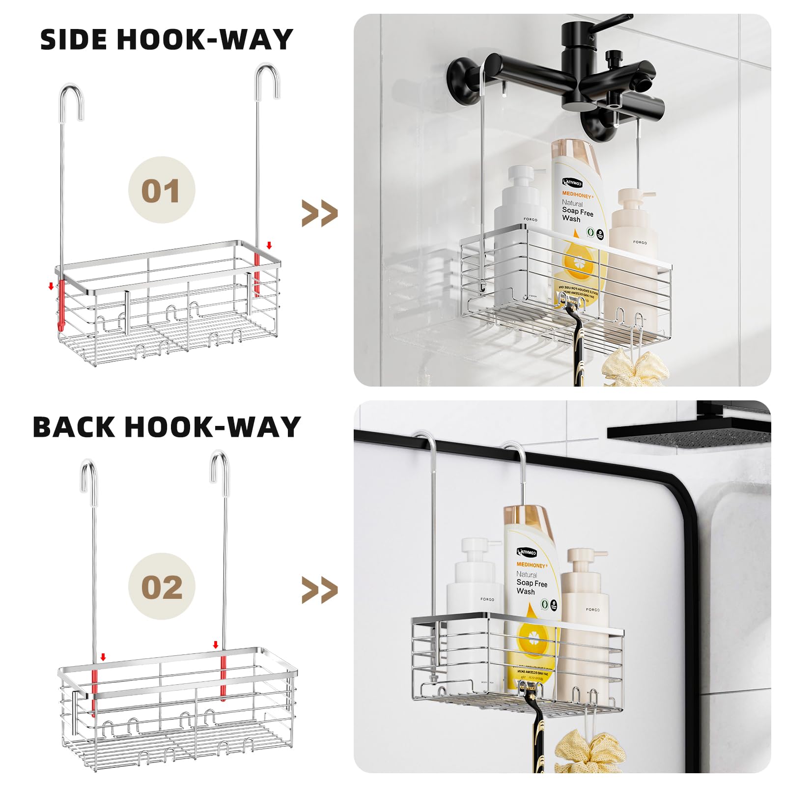 Shanshui Shower Hanging Caddy, Bathroom Shower Organizer Basket, Shampoo Bracket, Over Door Shower Rack With Hooks, 304 Stainles