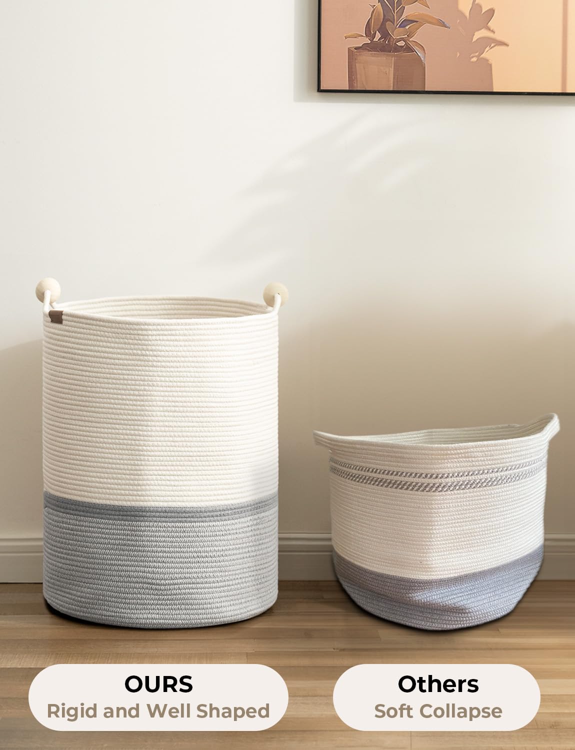 Storageworks 72L Cotton Rope Laundry Basket With Wooden Beads Handles, Woven Basket For Storage, Dirty Clothes, Kids Toys, Towel