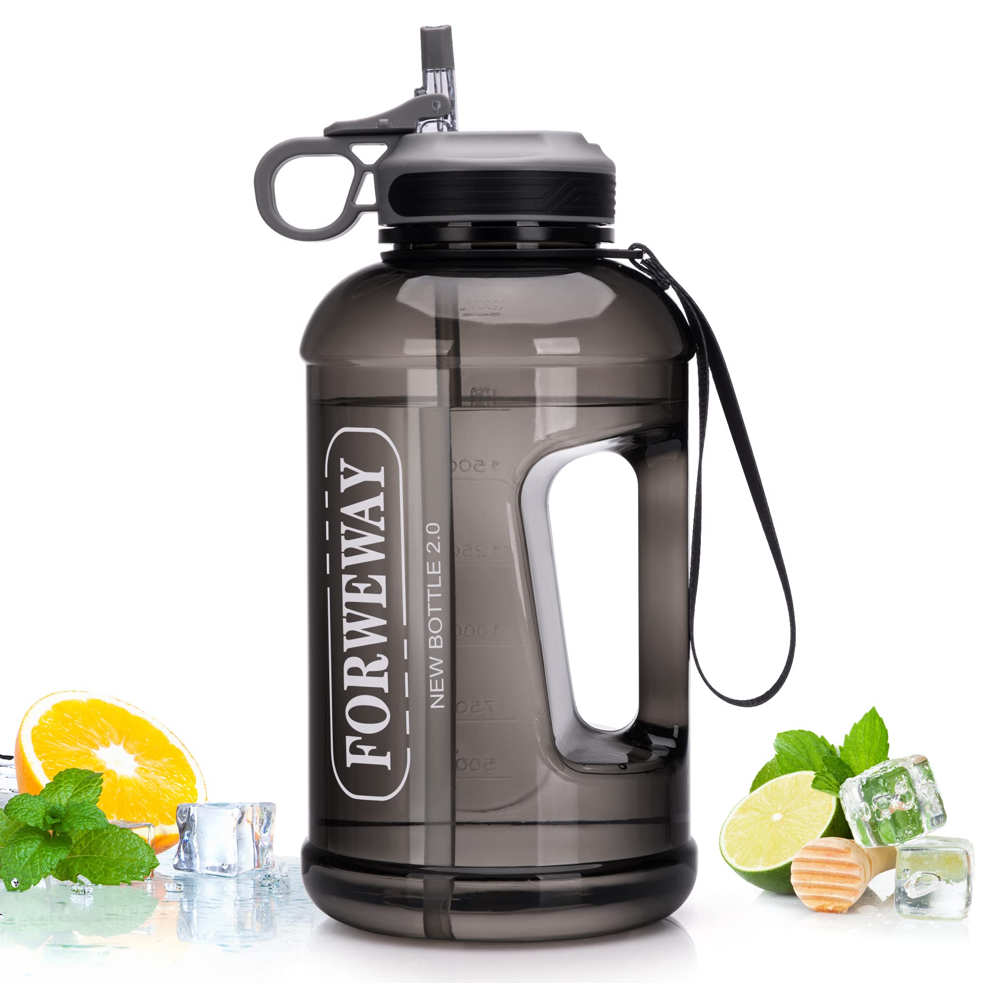 FORWEWAY Half Gallon Water Bottle with Straw Leakproof Large Sports Water Bottle with Handle 2L/74oz BPA Free Water Jug for Camp