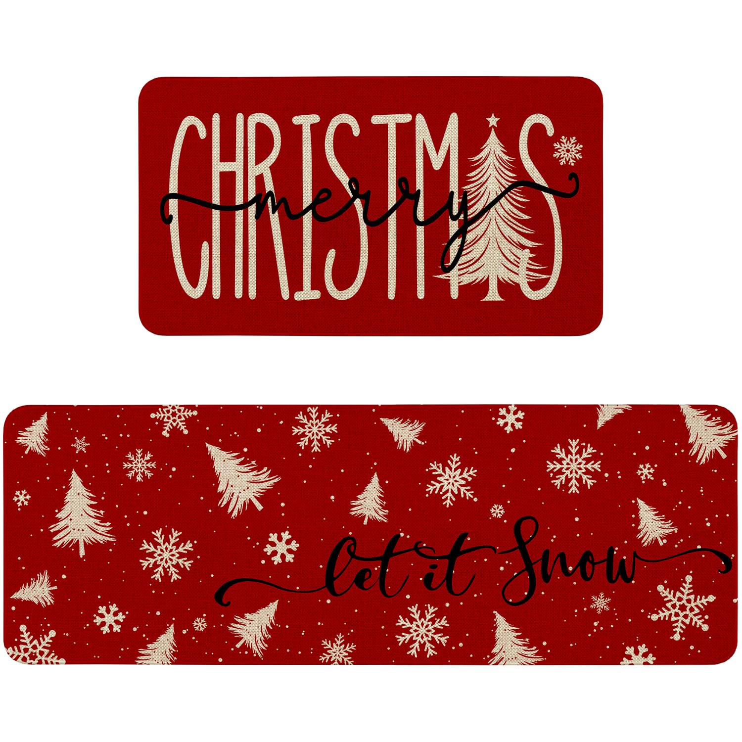 HSOWKDN Red Merry Christmas Kitchen Mat Decor, Xmas Tree Snowflake Winter Holiday Christmas Kitchen Rugs Sets of 2, Christmas Ru