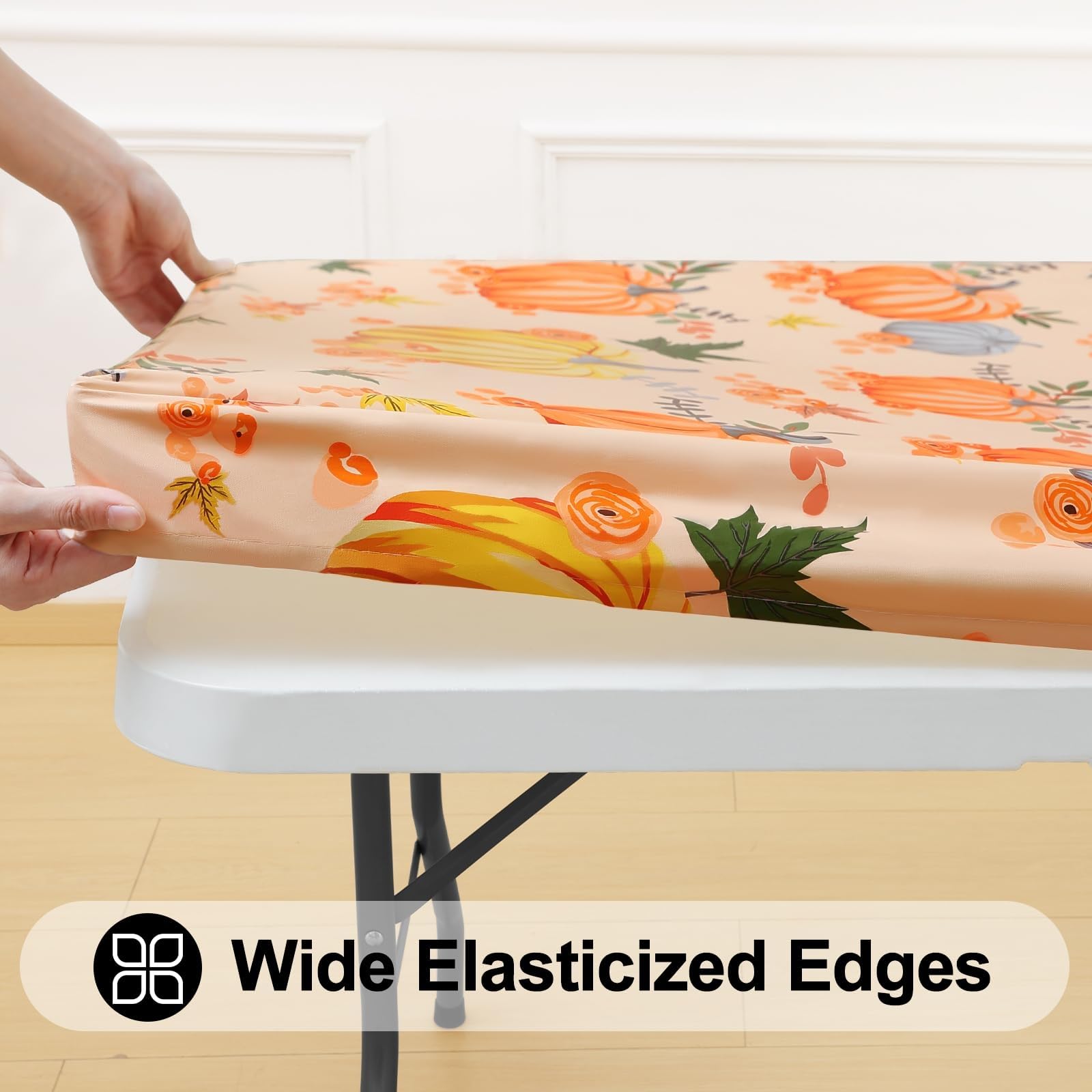 Smiry Plastic Thanksgiving Tablecloth, Pumpkin Wipeable Flannel Backed Vinyl Tablecloths for 4 Foot Tables, Waterproof Elastic F