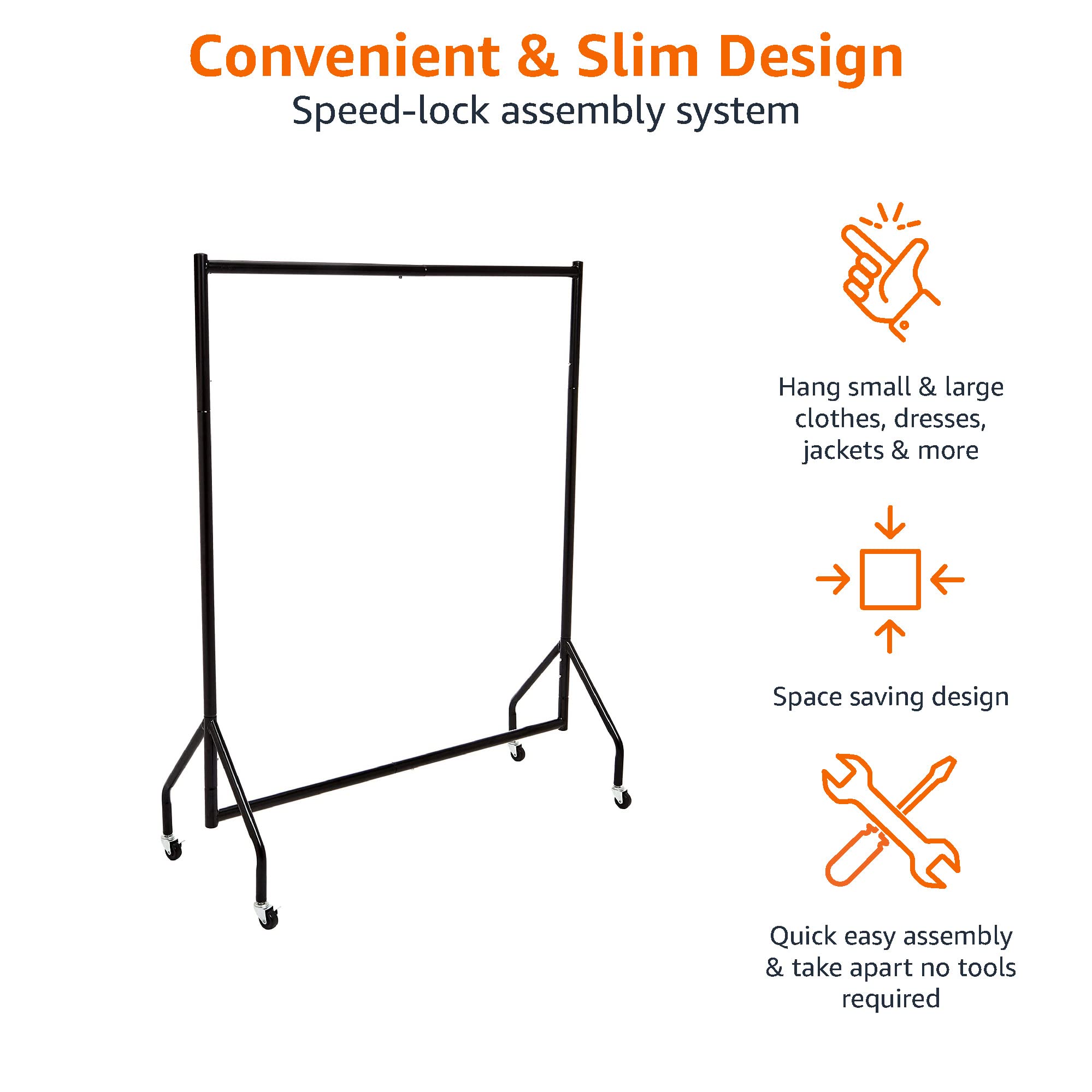 Amazon Basics Heavy Duty Rolling garment Rack  Hanging clothes Organizer Rail for Display and Storage  121 x 152 m - Black