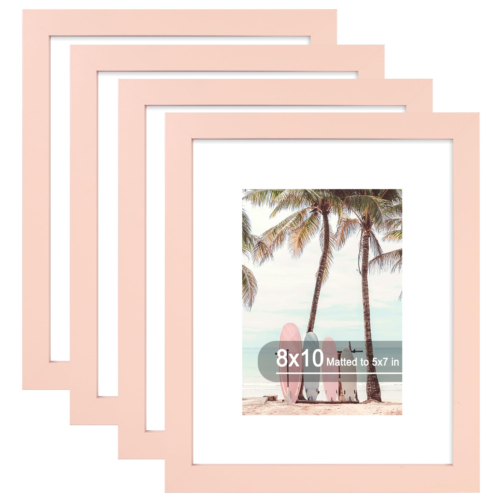 Hongkee 8x10 Picture Frame (4 Pack, Pink) Made of Real Glass and Wooden Frame - Display Pictures 5x7 with Mat or 8x10 Without Ma