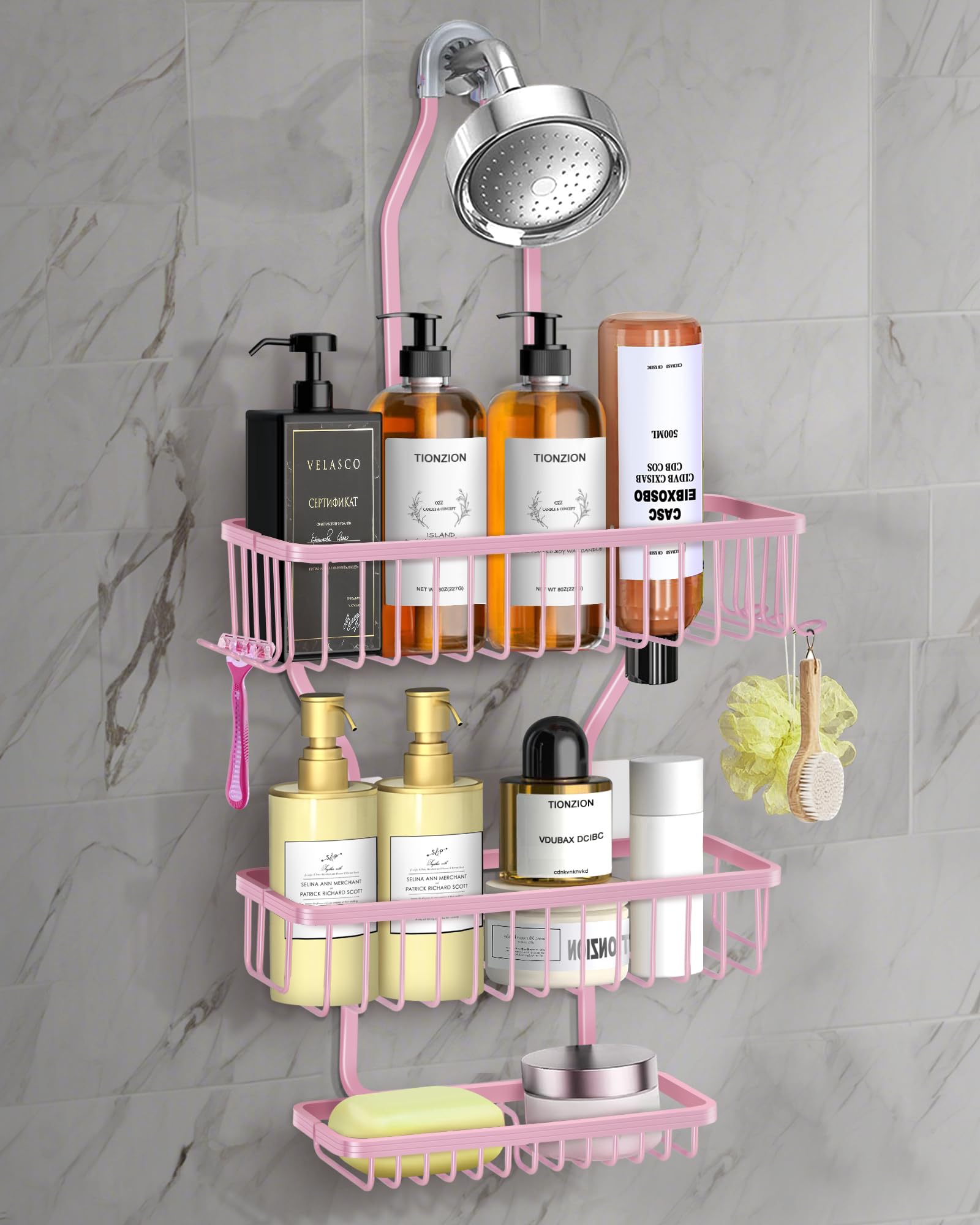 MSAICOE Pink Shower Caddy for Bathroom - Never Rust Hanging Shower Organizer with Soap Basket and Hooks - Large Capacity 3 Tier 