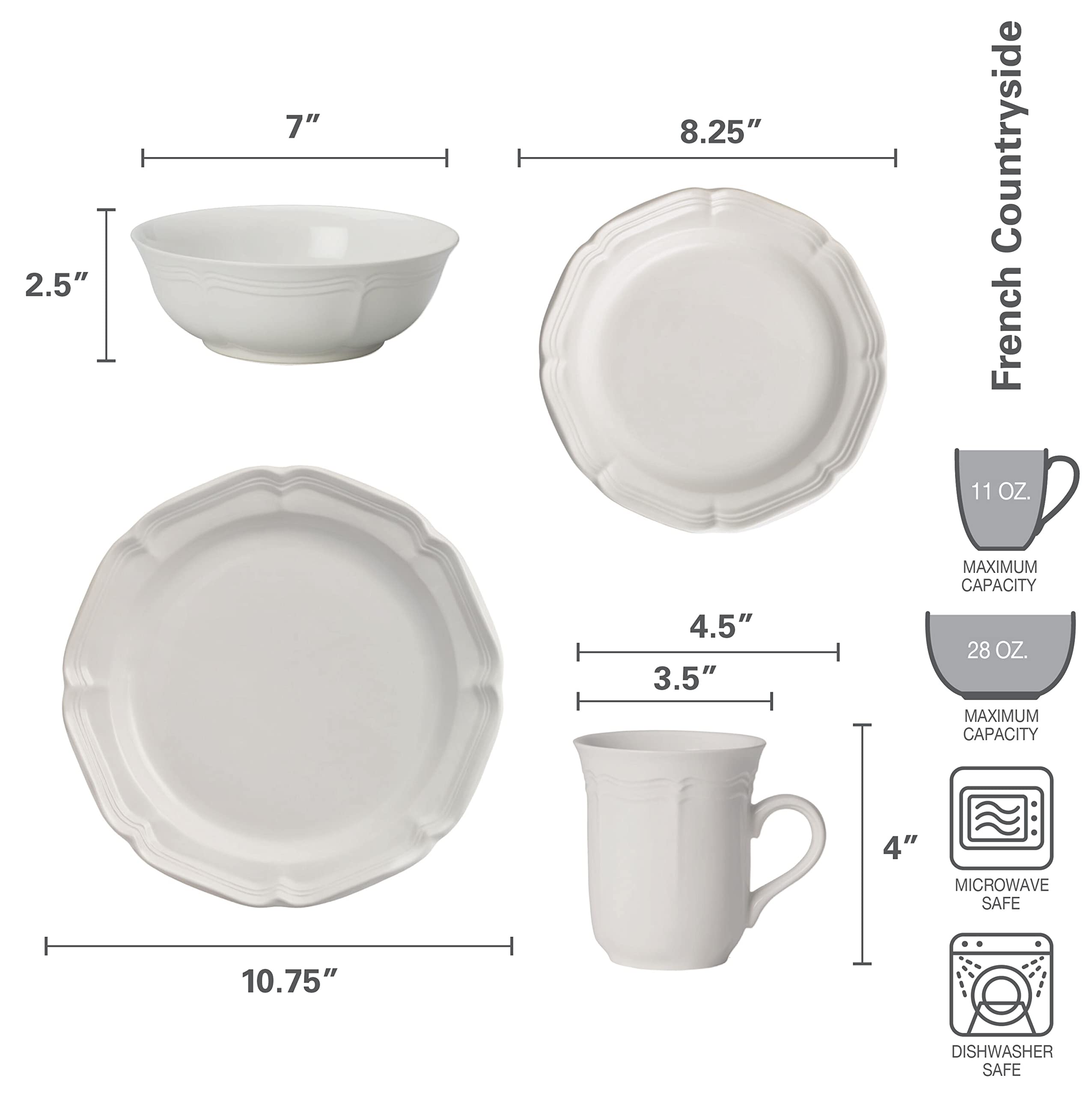 Mikasa French Countryside 16-Piece Dinnerware Set, Service for 4,White