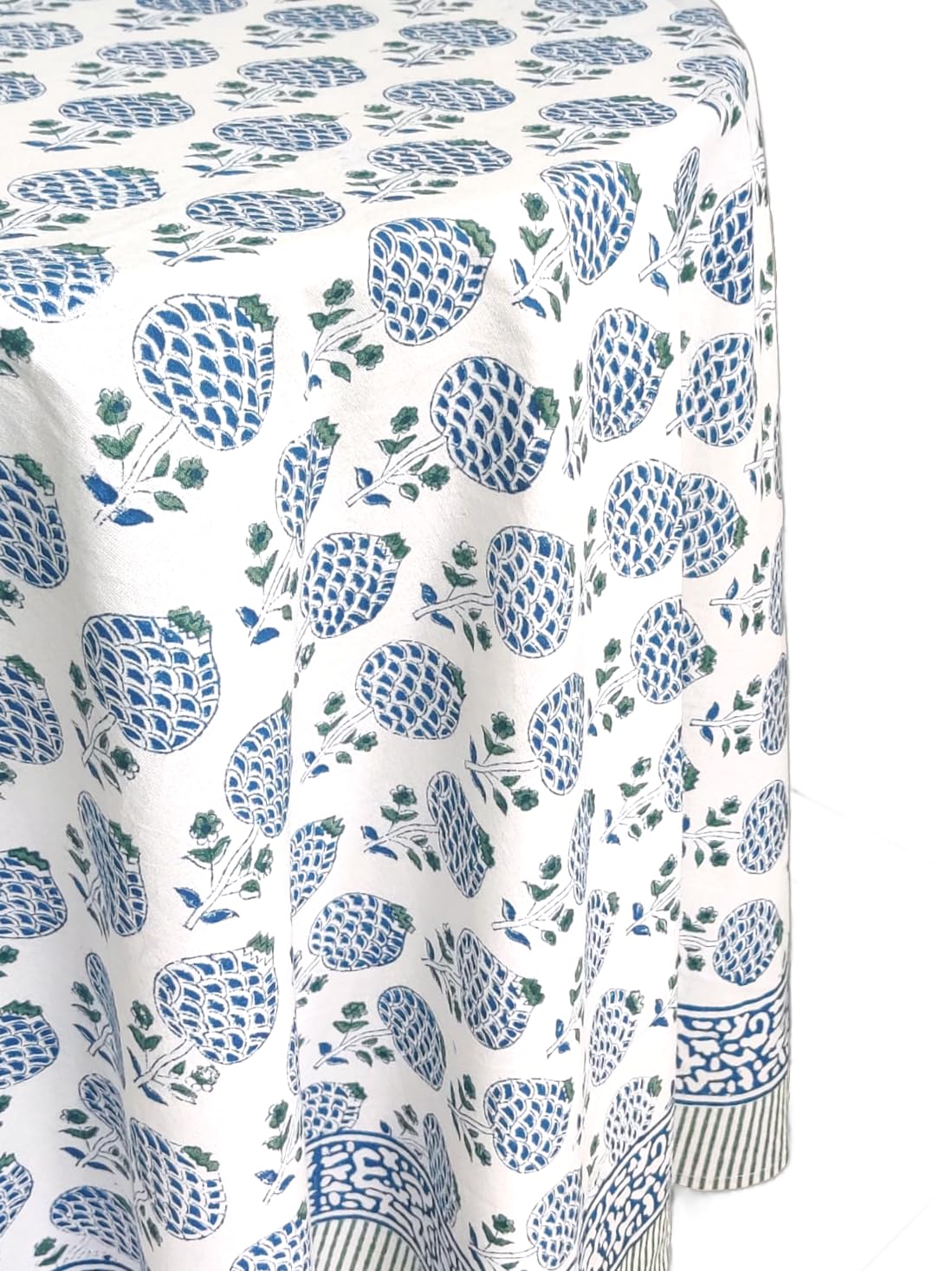 ATOSII Roma Blue 100% Cotton Boho Round Fall Tablecloth, Handblock Floral Print Table Cloth Linen for Kitchen Dining I Parties,