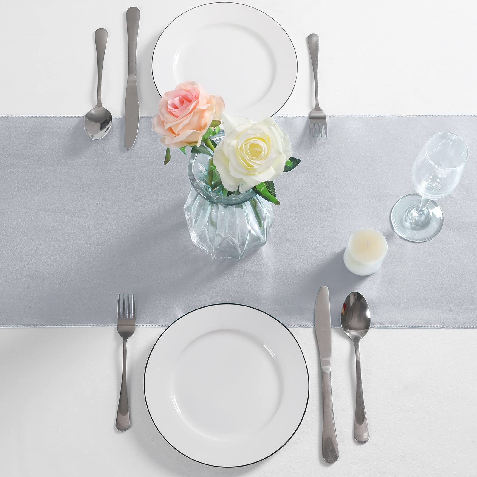 Manyshofu 12Pcs Satin Grey Table Runner - 12 x 72 Inch Long Size  Party Table Runner Decor Bright & Smooth Wedding Decorations Table Runner for Banquet Chef Birthday Buffet Dinner Graduations