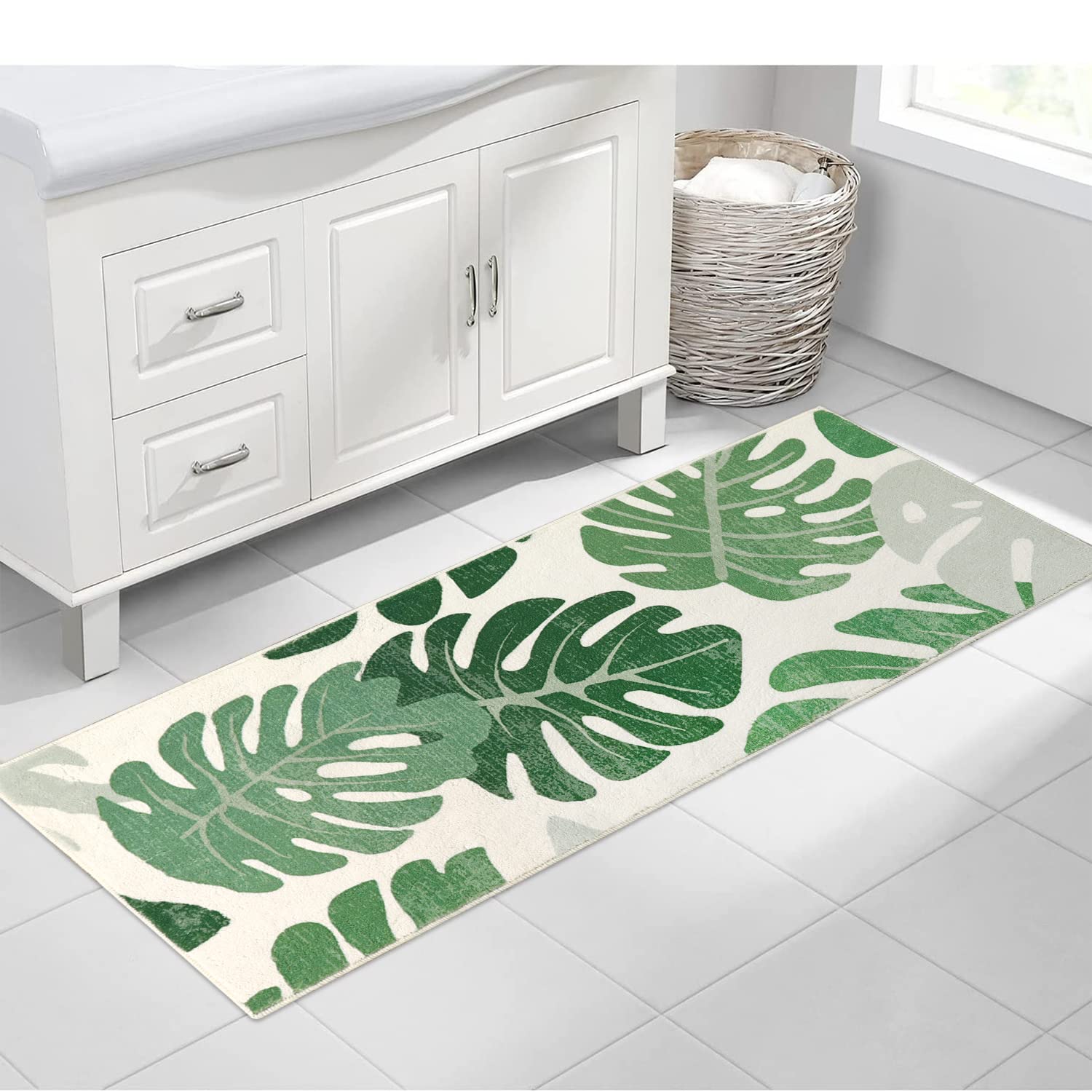 Haocoo Bathroom Runner Rugs 20X59 Inch,Non-Slip Bath Mat For Bathroom Rug Green Leaf Long Bathtub Mat,Soft Velvet Shower Mat Mac