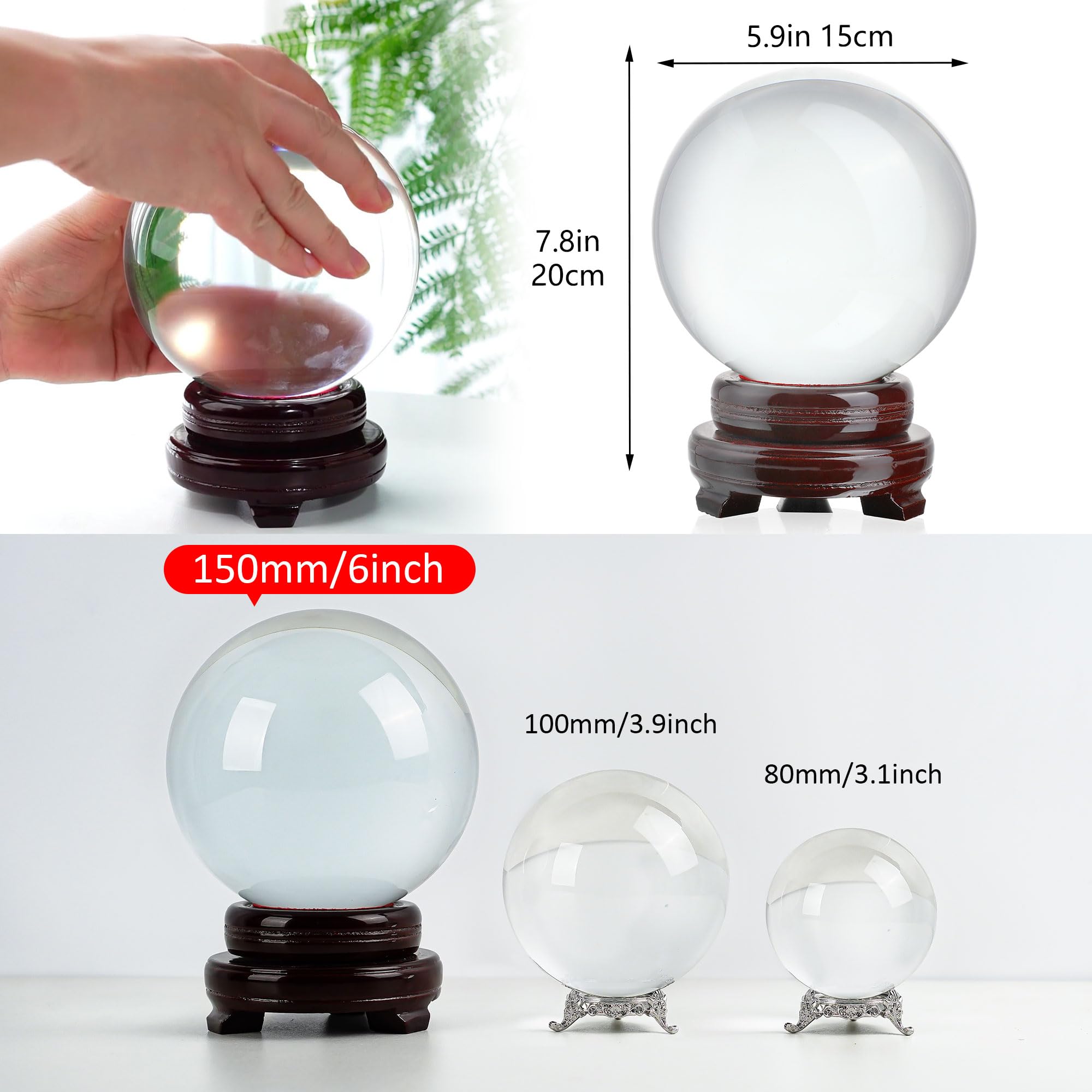150mm/6inch Clear Crystal Ball with Wooden Stand Fortune Teller Mystical Quartz Ball Photography Props FengShui Divination Spher