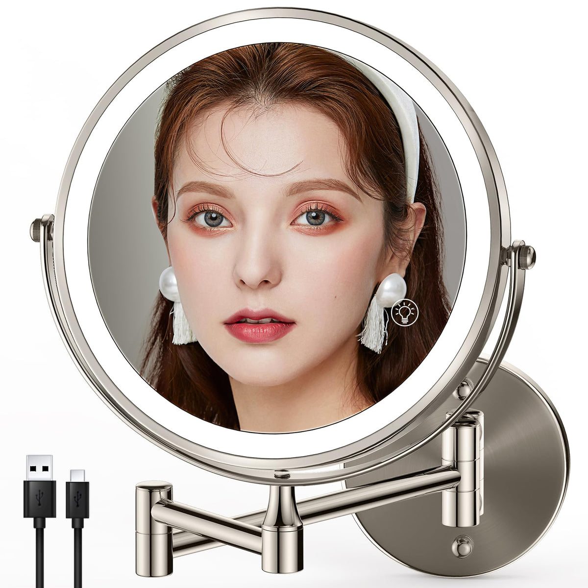 Vorremirr 8.5 Inch Rechargeable Wall Mounted Makeup Mirror Brushed Nickel, Double Side Dual-Touch 1X/10X Magnifying Mirror With
