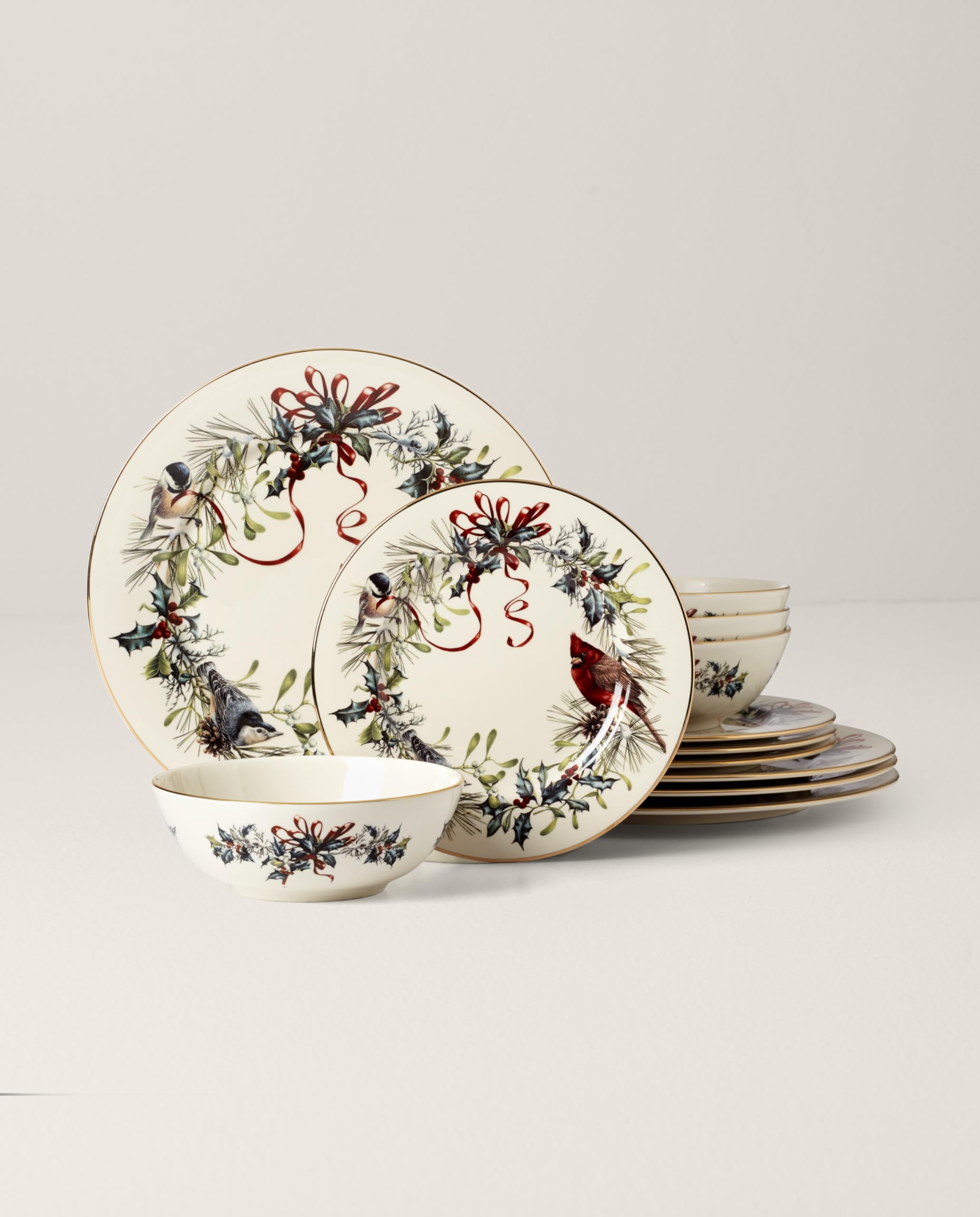 Lenox 894540 Winter Greetings 12-Piece Dinnerware Set, Red & Green, 12 Count, Christmas, Holiday Hosting