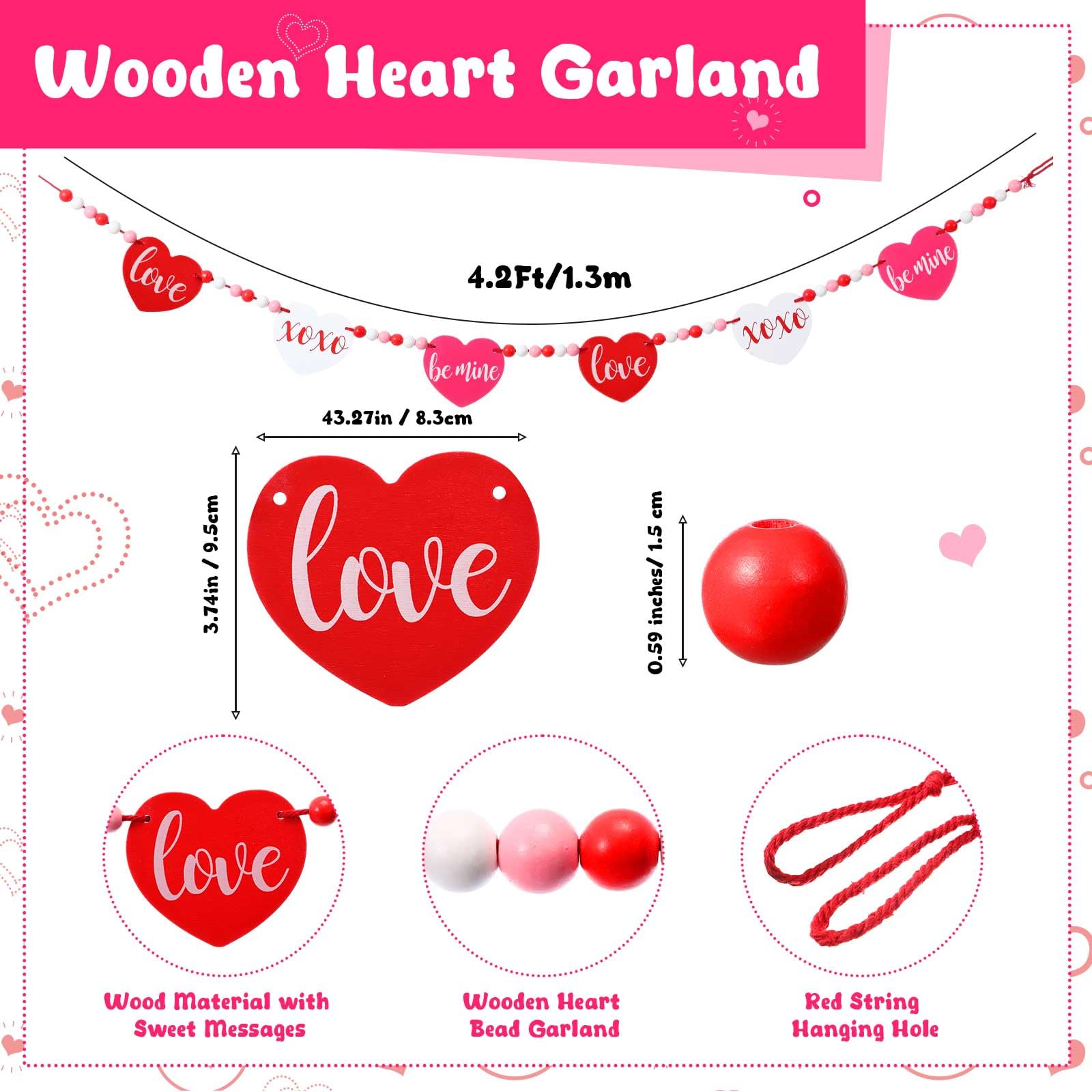 Blosssound Valentines Wood Beaded Garland Pre-Strung 4.2Ft Valentine'S Day Banner Decor Heart Banner Garland Wooden Valentines D