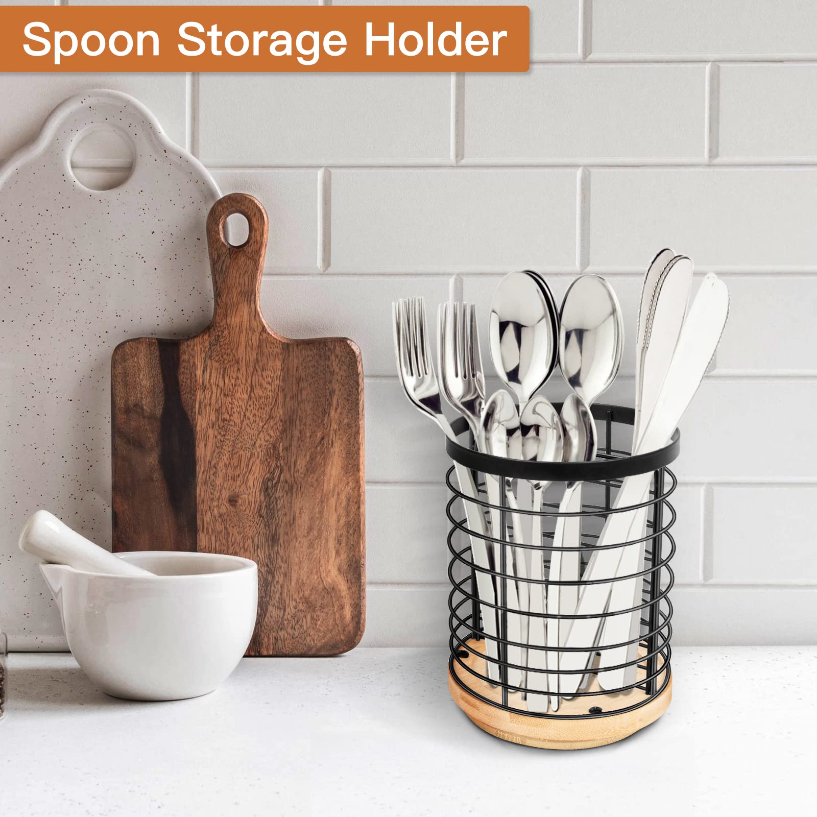 Toosci Utensil Holder For Kitchen Counter, Large Cooking Utensil Holder, Black Metal+Bamboo Base Utensil Holder, Breathable And