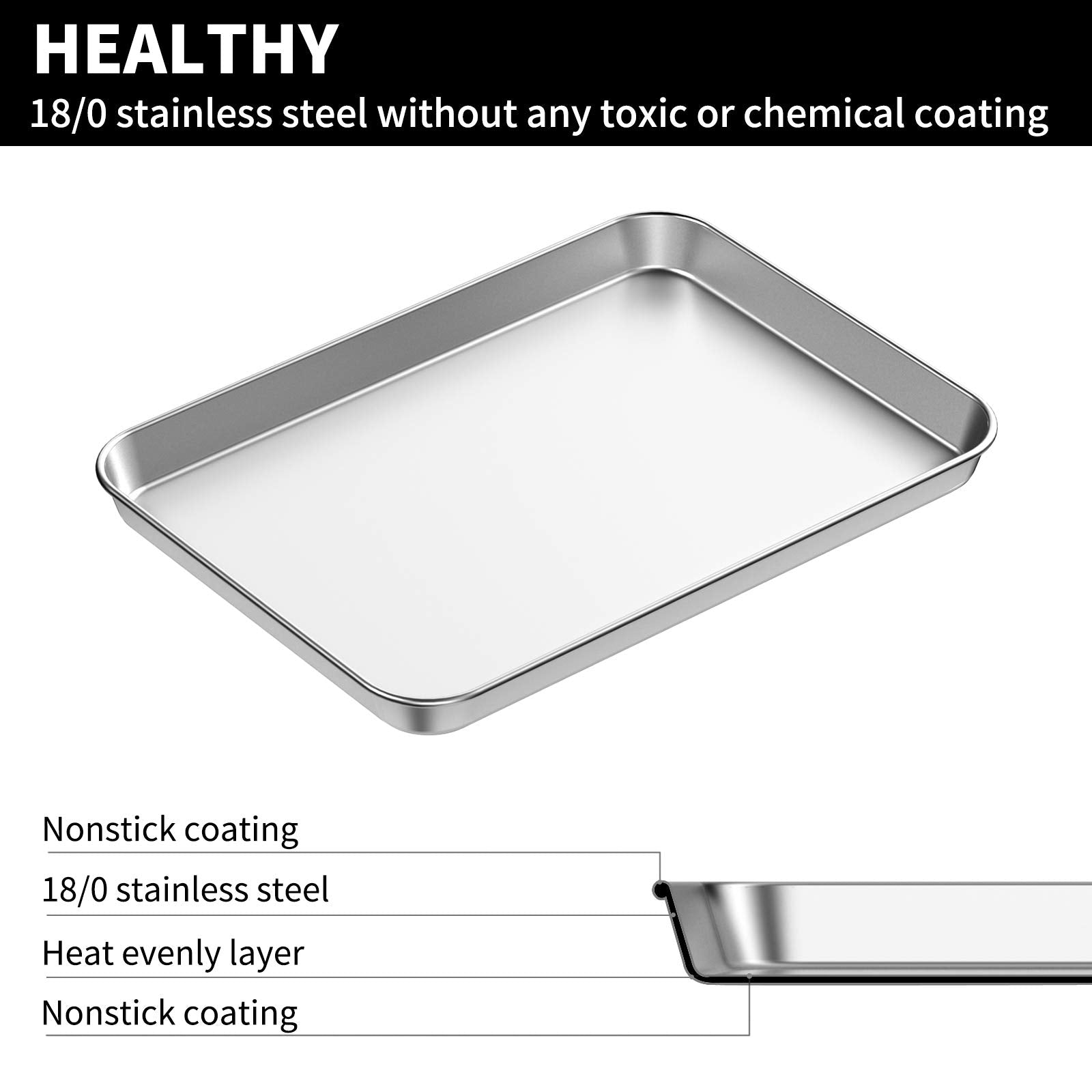 Baking Sheets 2 Pieces, Bastwe Cookie Sheets Set Stainless Steel Baking Pans Toaster Oven Tray Pans, Rectangle Size 12 A 10 A 1