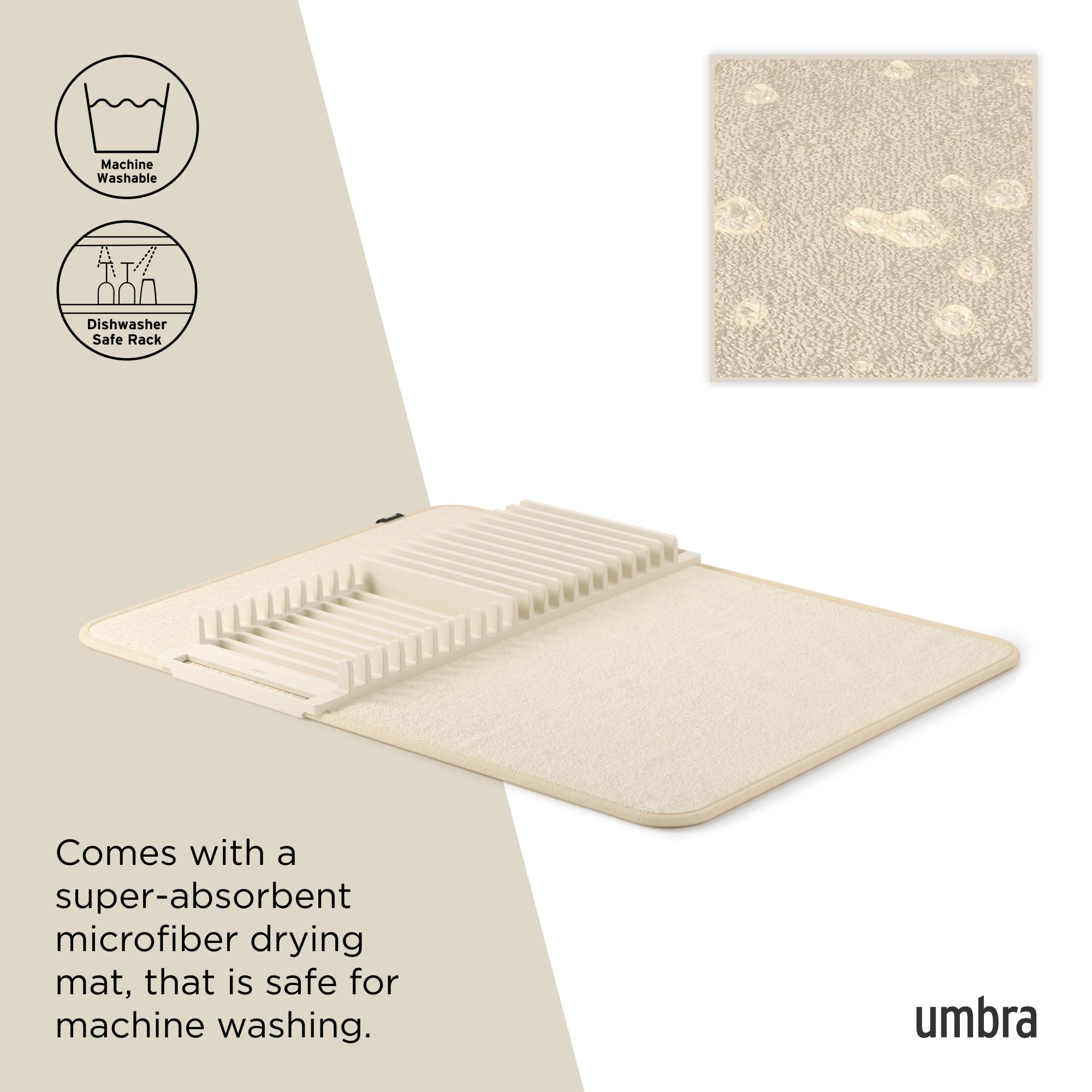 Umbra Udry Dish Rack & Microfiber Drying Mat, Space-Saving, 18"x24", Linen, Model 330720-354, Plastic