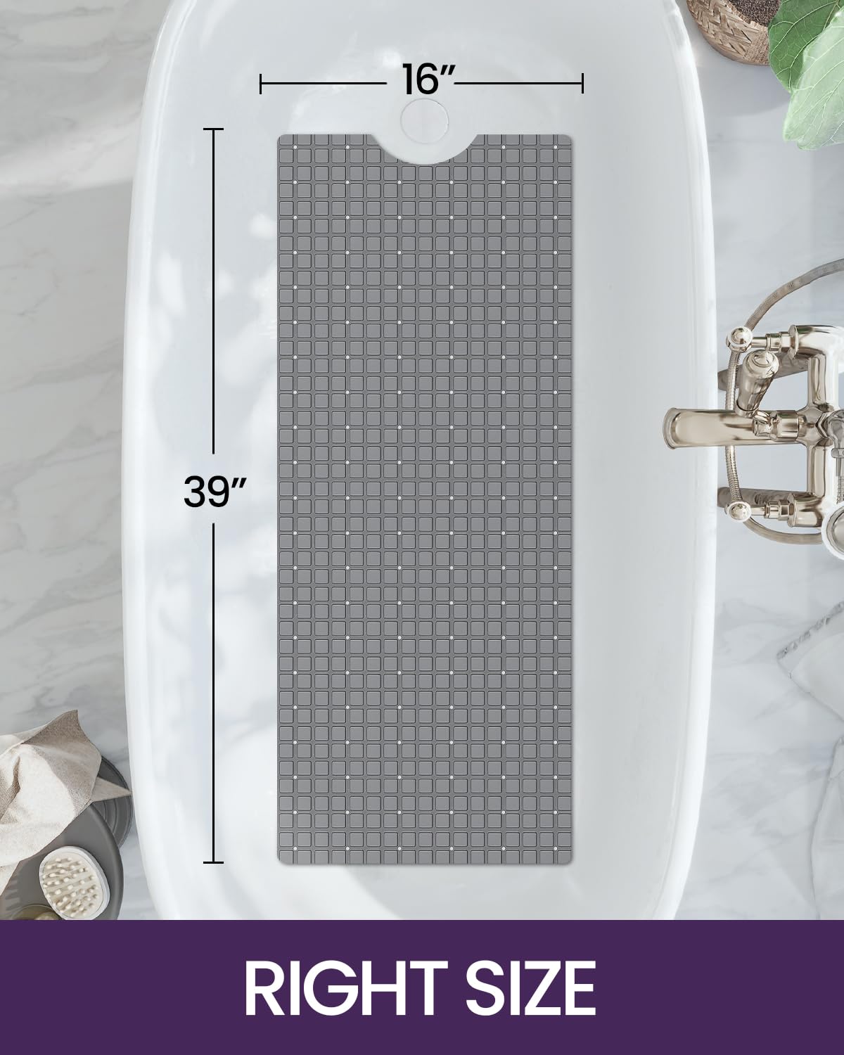 Dexi Bath Tub Shower Mat Non-Slip 16 X 39 Extra Long Bathtub Mats, Suction Cups, Drain Holes, Machine Washable Bathroom Mat, Gre