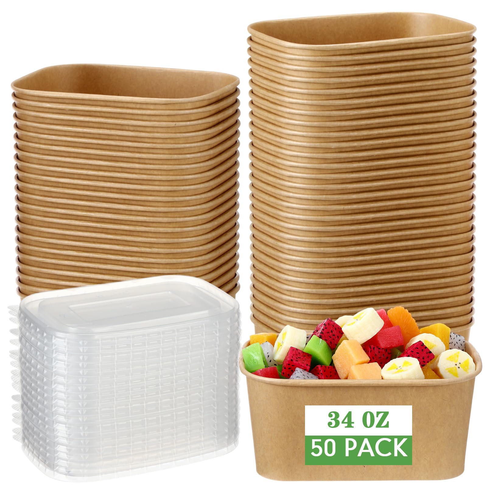 Maxdot 50 Pack Disposable Kraft Paper Bowls with PP Lids Rectangle Paper Food Containers for Lunch Meal Prep,Salad,Ice Cream,Yog