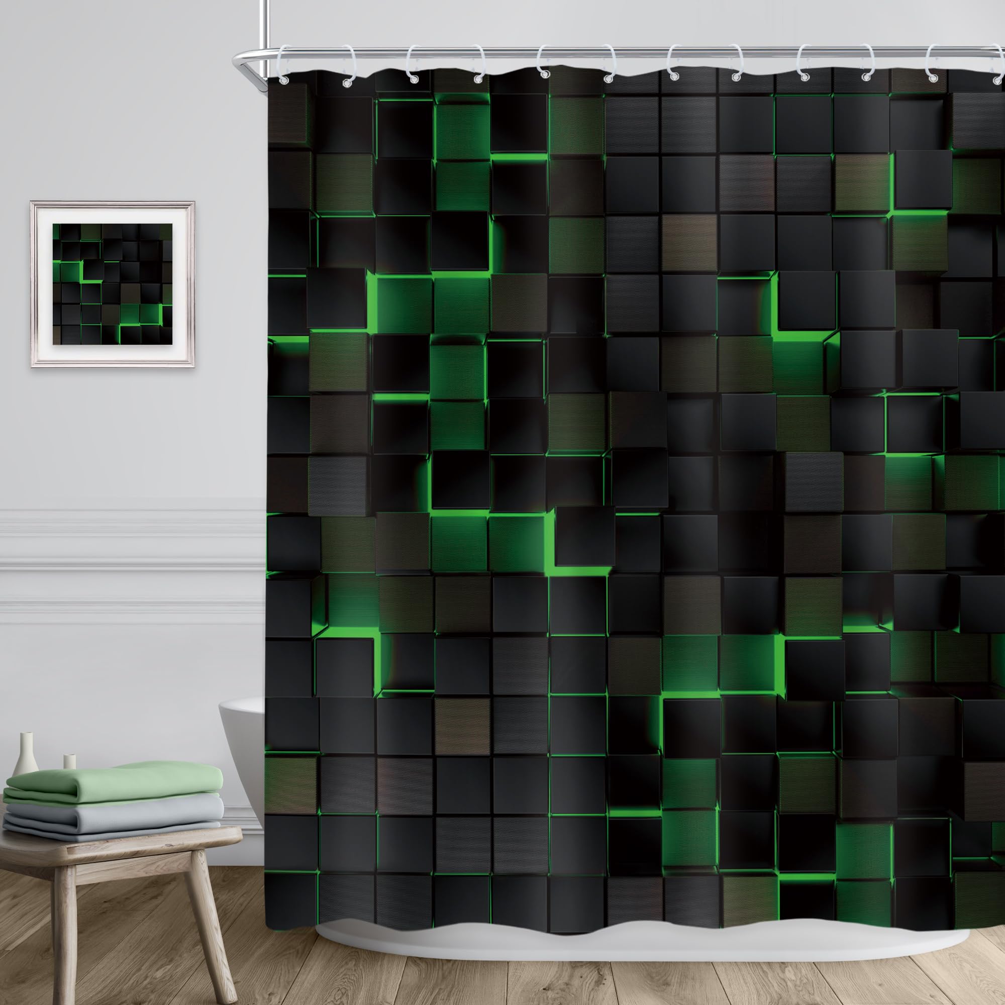 Riyidecor Black Green Shower Curtain 60Wx72H Inch Abstract Wall Brick Modern 3D Gradient Design Futuristic Geometric Plaid Cubes